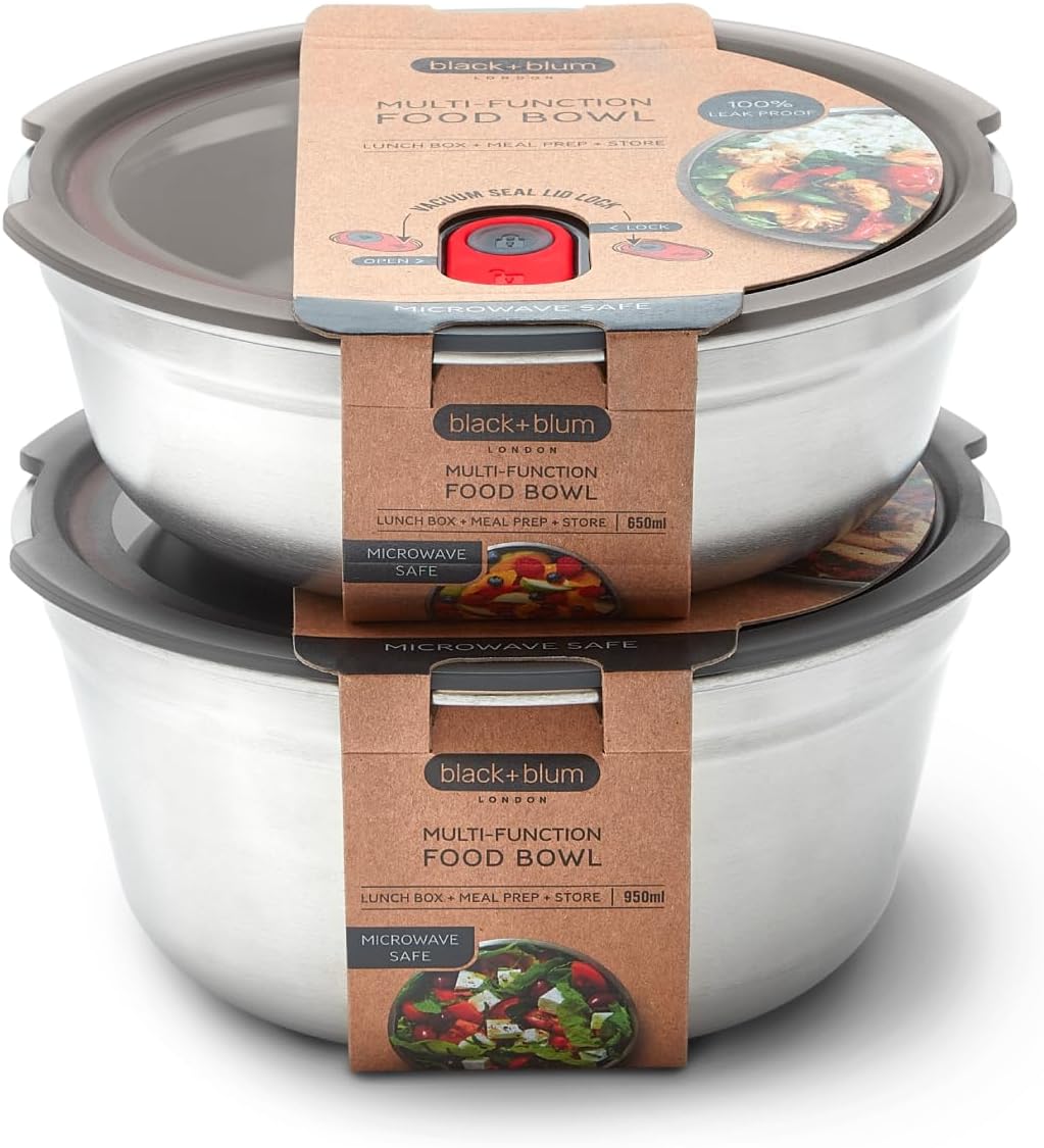 BLACK + BLUM - Lunch Bowl Set - Small & Large Microwavable Stainless Steel, Plastic-Free Lunch Container with Leak Proof, Airtight, Lockable Lid - Microwave, Dishwasher and Oven Safe - 650ml, 950ml