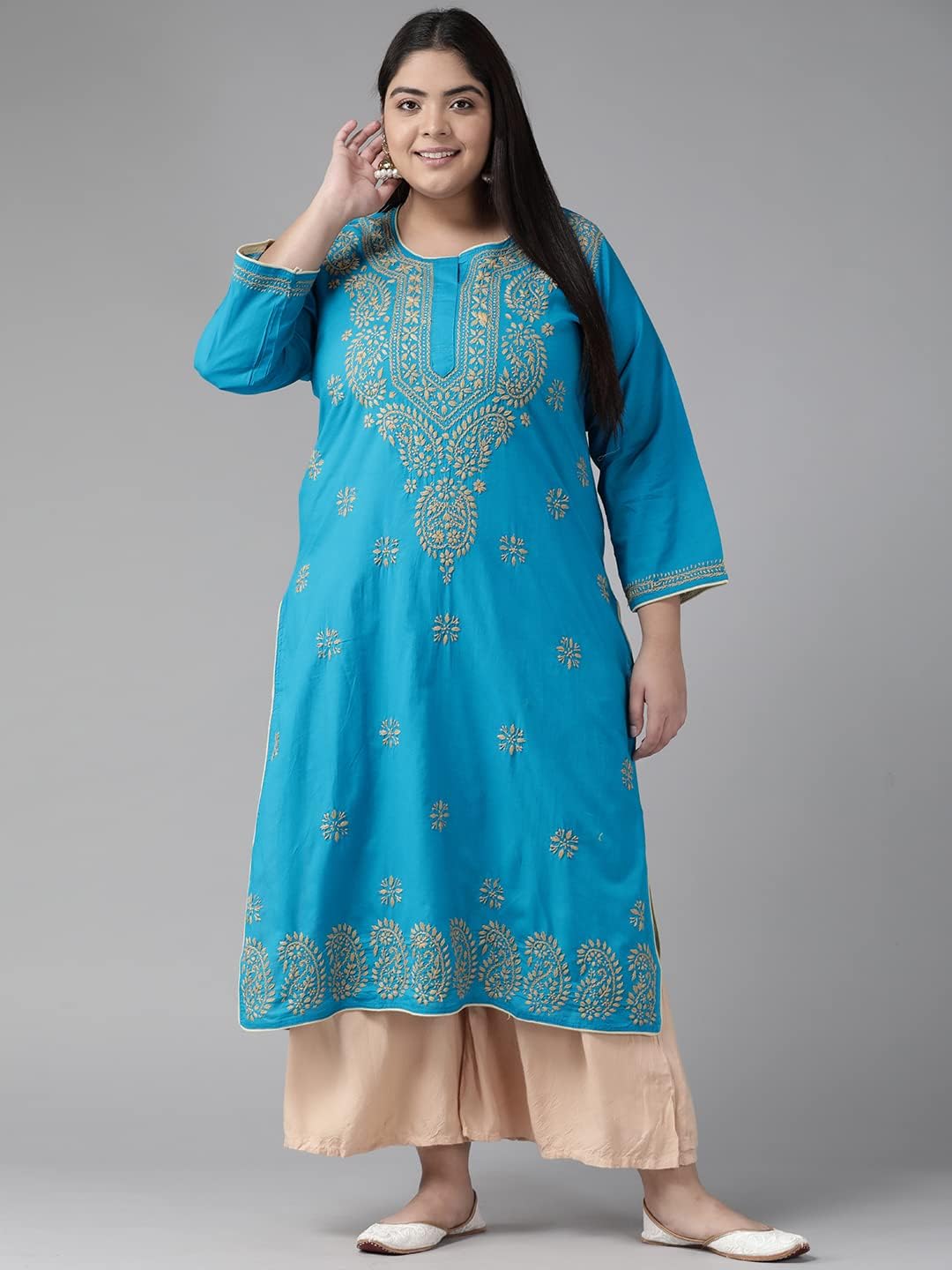 Ada Hand Embroidered Indian Chikankari Cotton Kurti Kurta Tunic Kameez for Women A214156 (XS, Blue) - Image 5