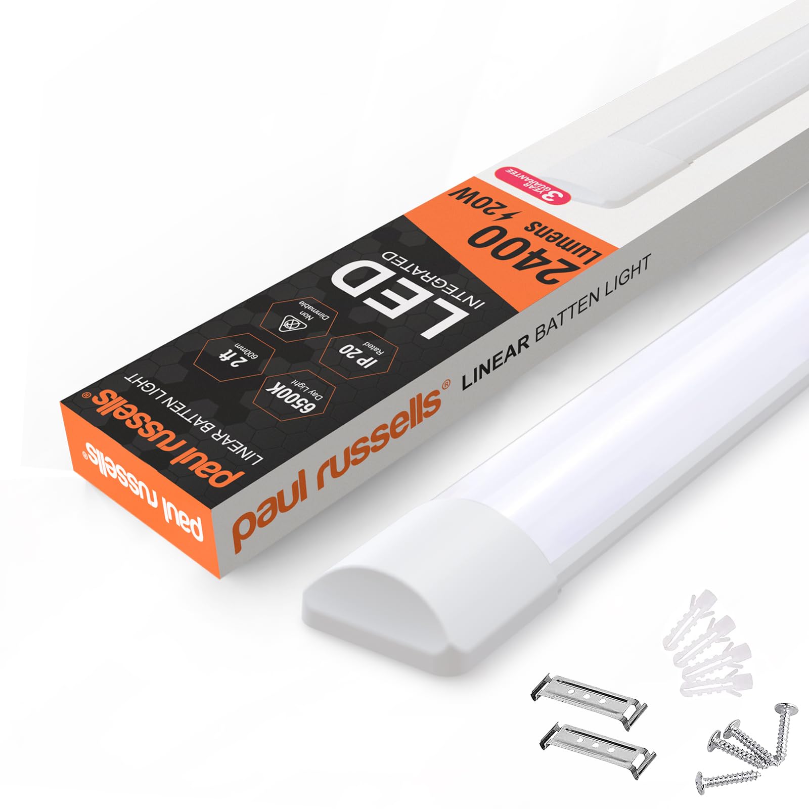 paul russells 2ft LED Batten Light, Ceiling Fitting Tube Light, 6500K Daylight, 20W, 2400 Lumens, Light for Office, Bathroom, Kitchen, Garage, Warehouse Fluorescent Lighting Replacement, 1 Pack