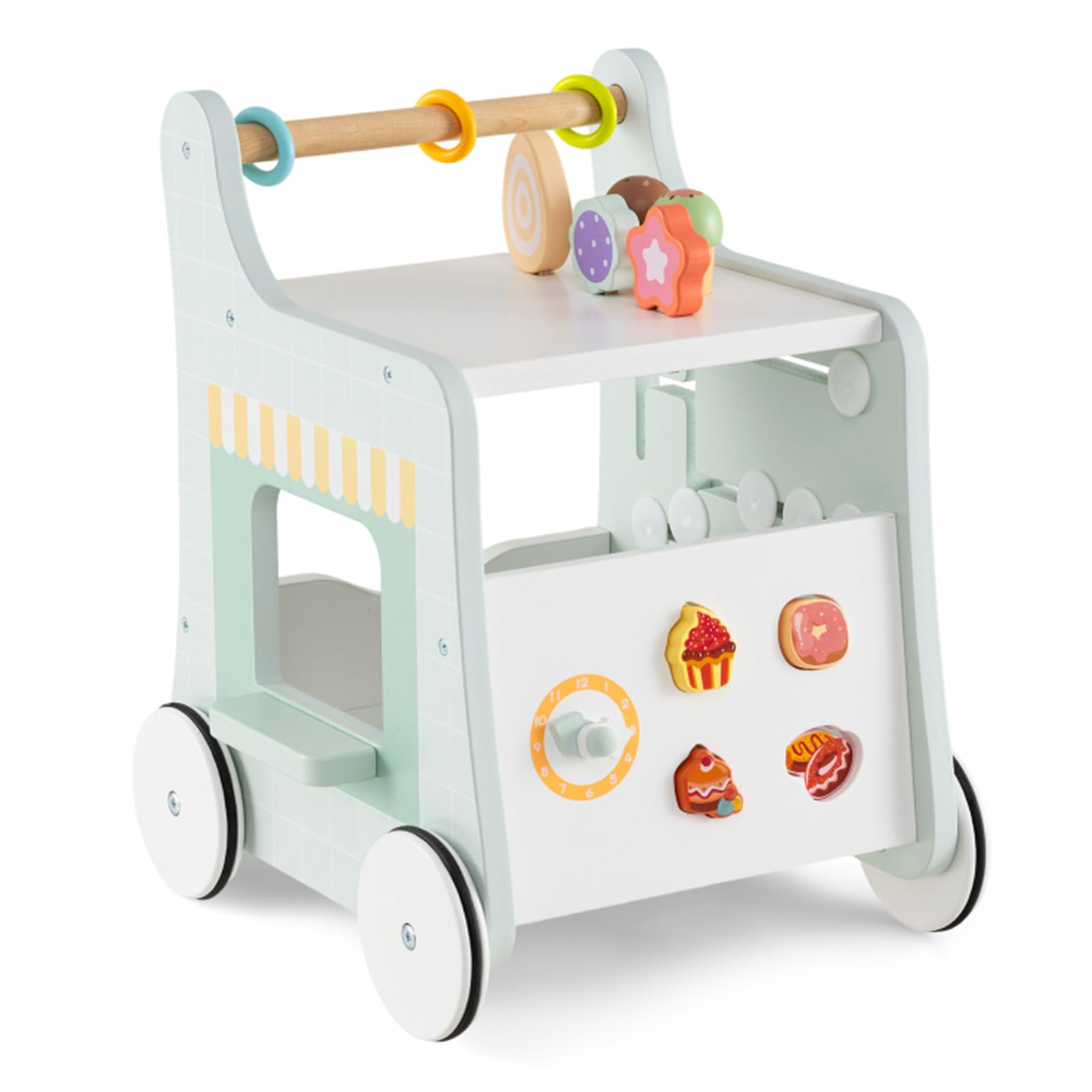 COSTWAY Wooden Baby Walker, 8 in 1 Toddler Push and Pull Learning Activity Center with Teaching Clock, Shape Matching, Accessories, Pretend Ice Cream Cart Toy for 12 Months +