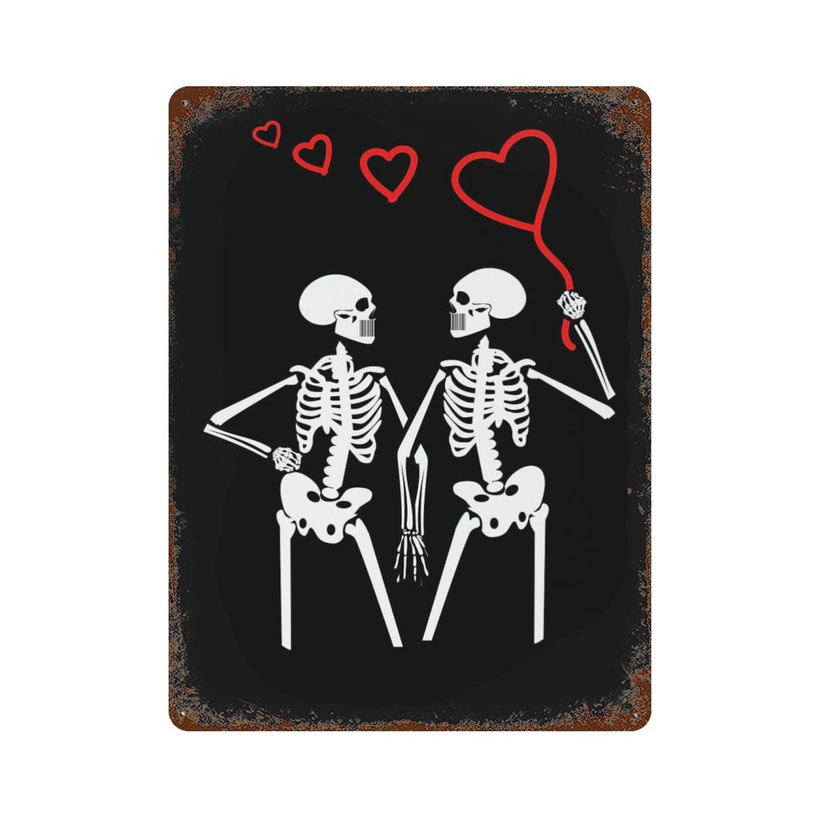 Skulls with Heart Balloons Weathered Tin Sign 15.7"x11.8", Ideal for Shed, Workshop And Garage Wall Decor