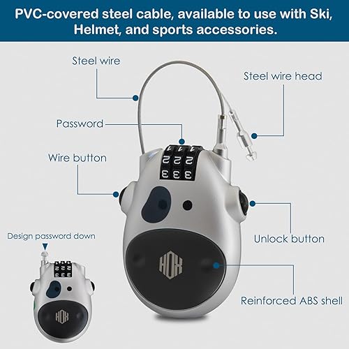 Miniatura 5 de HOX Cerradura de combinación de 3 dígitos ultra segura con cable retráctil de 3 pies para bicicleta, esquí, snowboard y cochecito