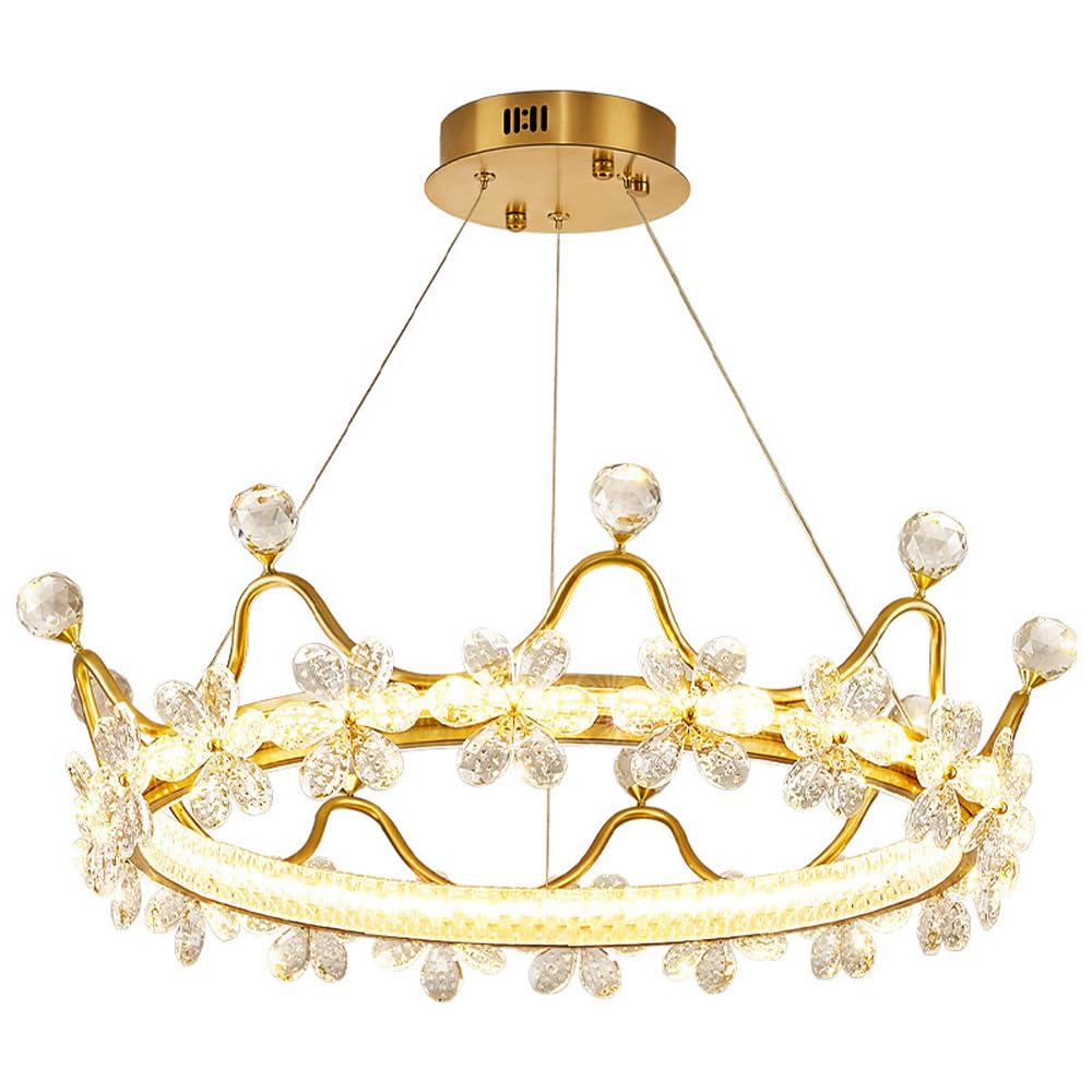 BRRSKBK Gold Crystal Chandelier Kids Room Princess Crown Pink Girls Chandelier for Bedroom Round Dimmable LED Pendant Light Fixture Large Ceiling