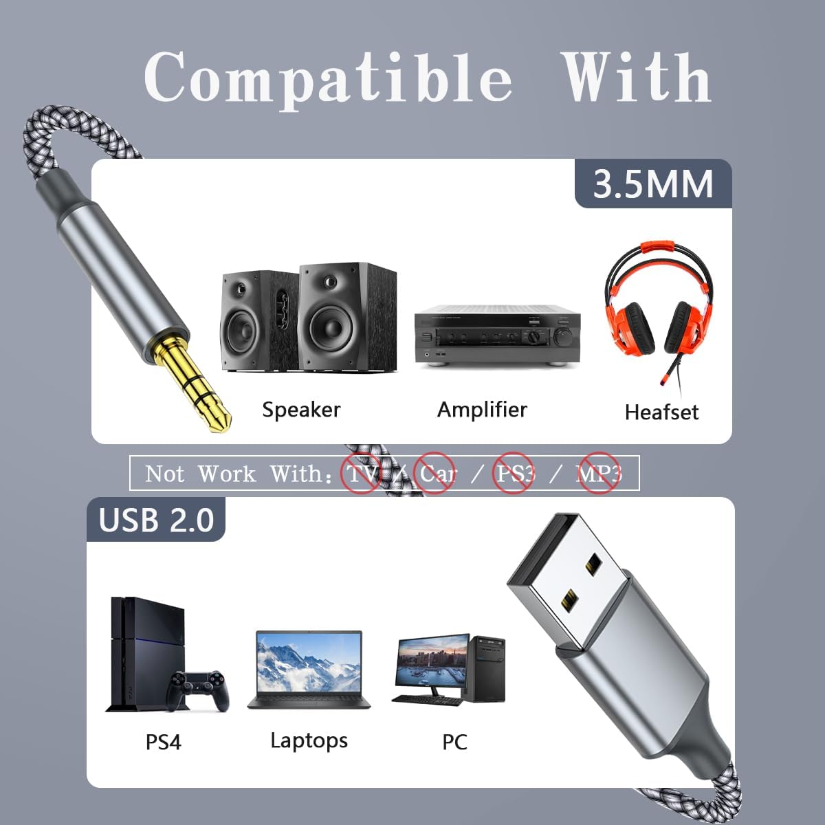 Vcddom Adapter USB na 3,5 mm TRS Audio Jack, przewód USB na 3,5 mm Aux kompatybilny z laptopem PC PS5/4 USB do 3,5 mm Aux Stereo Jack kabel audio do głośnika. Nie działa do ładowania i MP3, TV