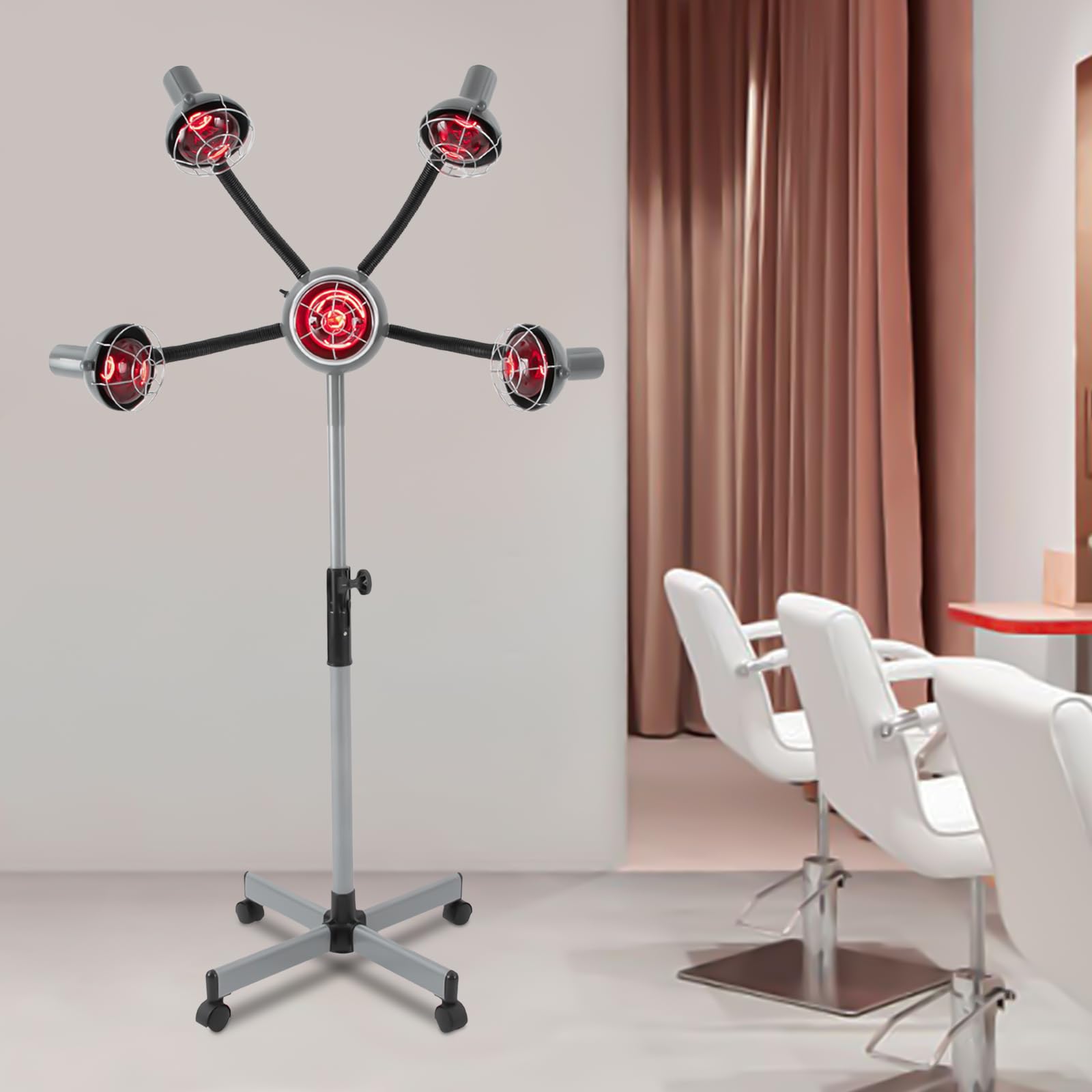 750W Salon Friseur Trockenhaube – 5 Infrarot-Heizlampen für Friseursalon, Temperaturregelung 40-80°C, höhenverstellbarer Ständer 112-136cm, schwimmende Trockenhaube mit Überwurf-Mantel – Mobile Häng