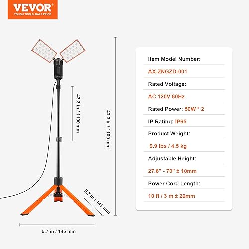 Miniatura 7 de VEVOR Luz de trabajo LED de 10000 lm, luces de trabajo con soporte de doble cabeza 100 W, altura ajustable de 27.6 a 70 pulgadas, con trípode