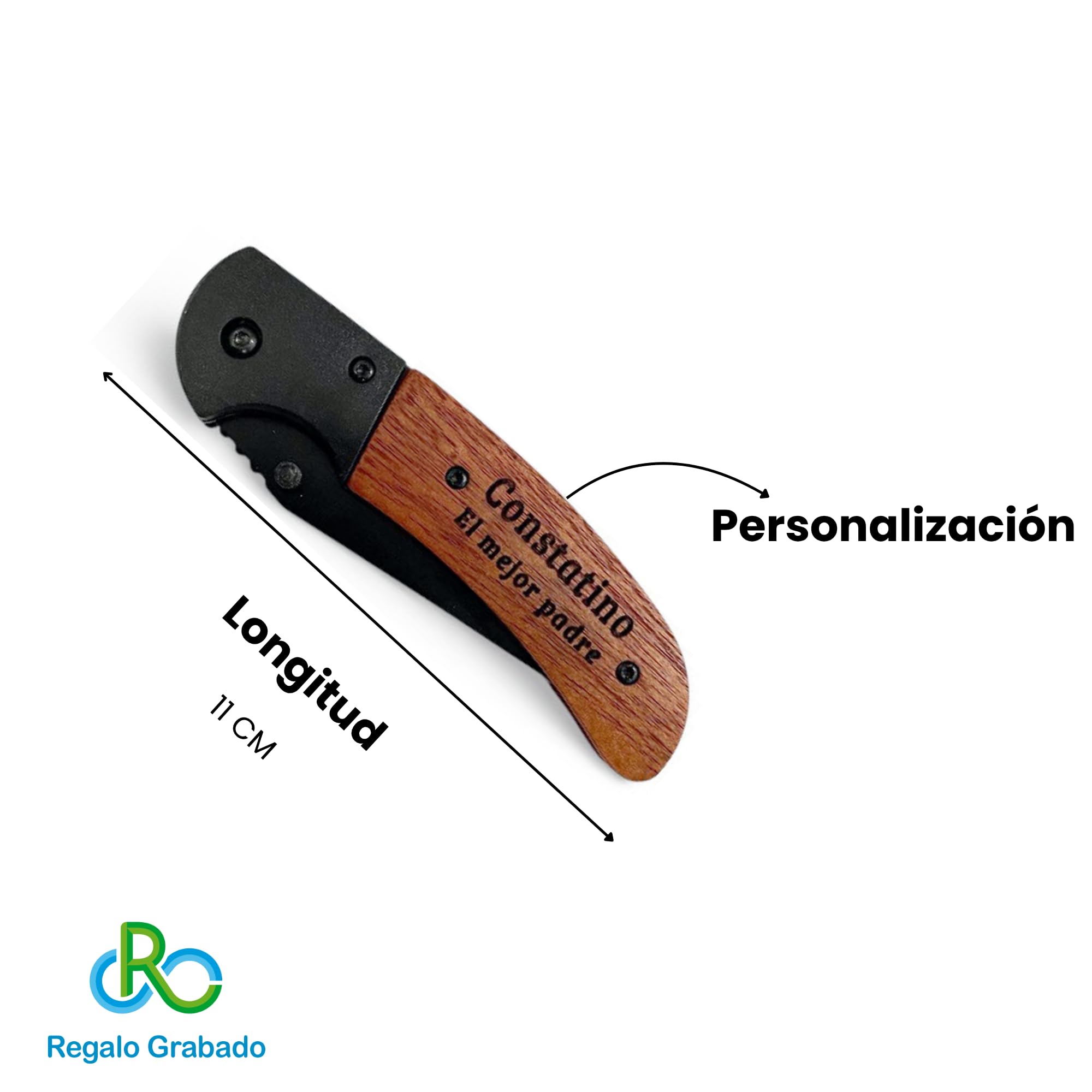 regalo grabado Navaja Personalizada de Acero Negro y Madera con Funda 11 cm | Navaja de bolsillo 11 cm, Grabado láser de texto personalizado, Acero inoxidable negro y cacha de madera, Funda incluida