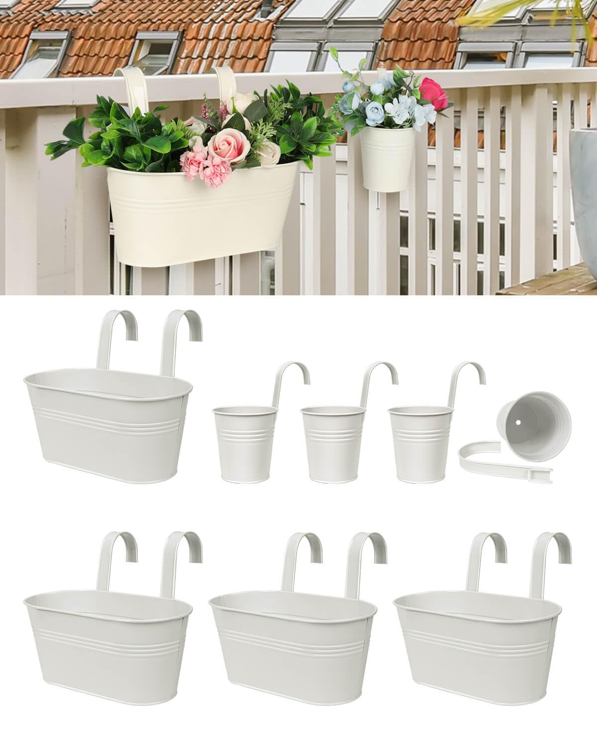 Metal Hanging Flower Pots for Railing Fence - 8 PCS White Large Hanging Planter for Balcony, Small Metal Iron Buckets with Removable Hooks & Drainage Holes Outdoor Garden Home Decor (11 & 4 Inch)