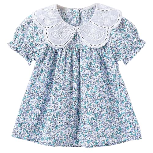 Large Collar Cotton Floral Shirt, Girls Summer Thin Shirt Baby Little Kids, Little Girl Flower Shirt Skirt, Blue