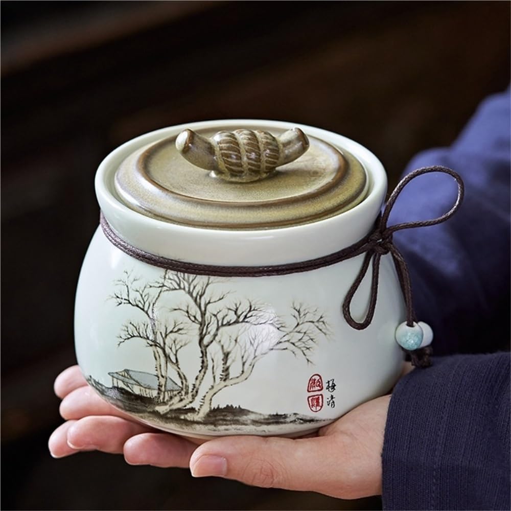 Tarros de Té Recipiente for almacenar té suelto pintado a mano vintage, tarro de cerámica sellado, juego de té chino, caja de regalo con tarro doble Recipientes para Guardar Té con Tapas