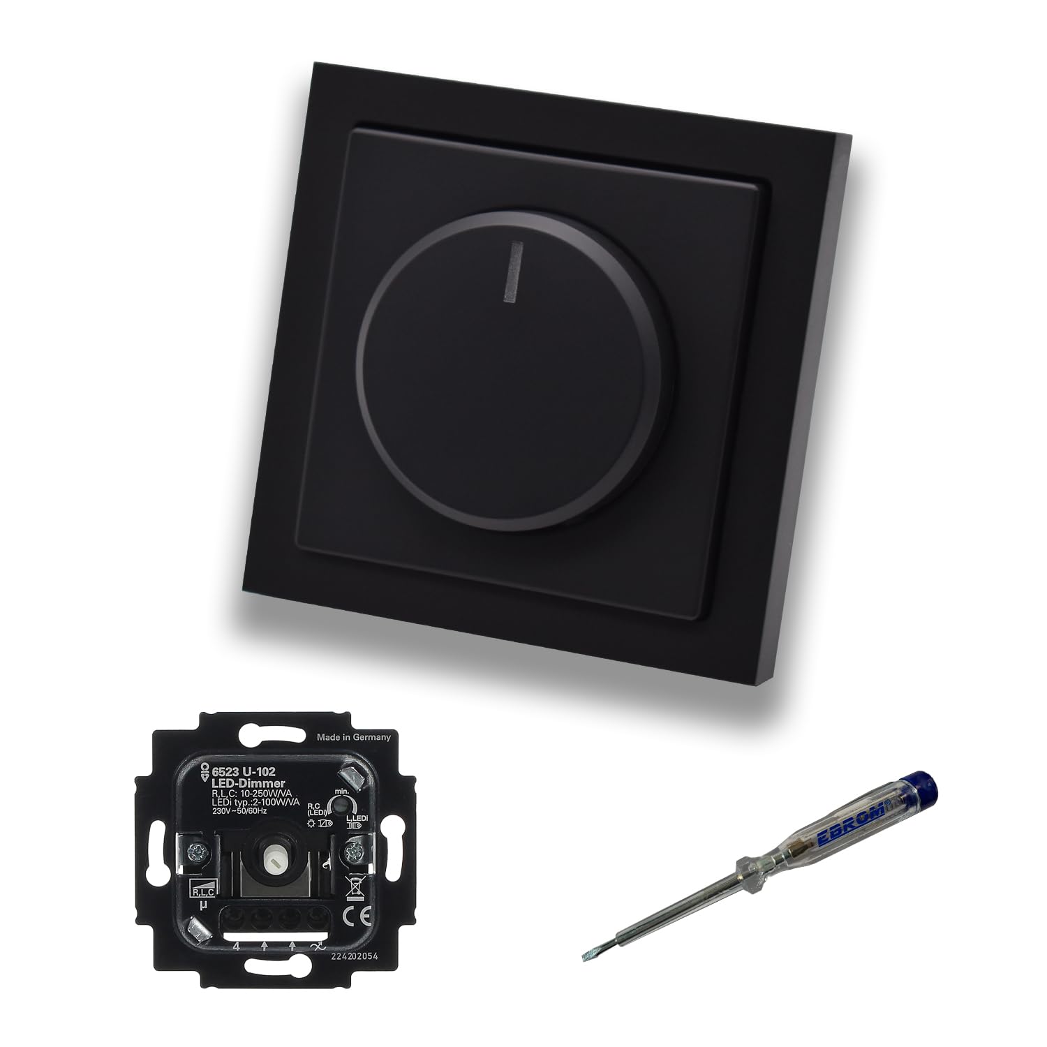 Busch Jäger 6523U-102 LED-Drehdimmer LED-Dimmer mit Dimmerscheibe Zentralplatte 6540-84-102 Einfachrahmen in Future Linear schwarz matt + EBROM Phasenprüfer z. Montage des Dimmers 6523 U – 102