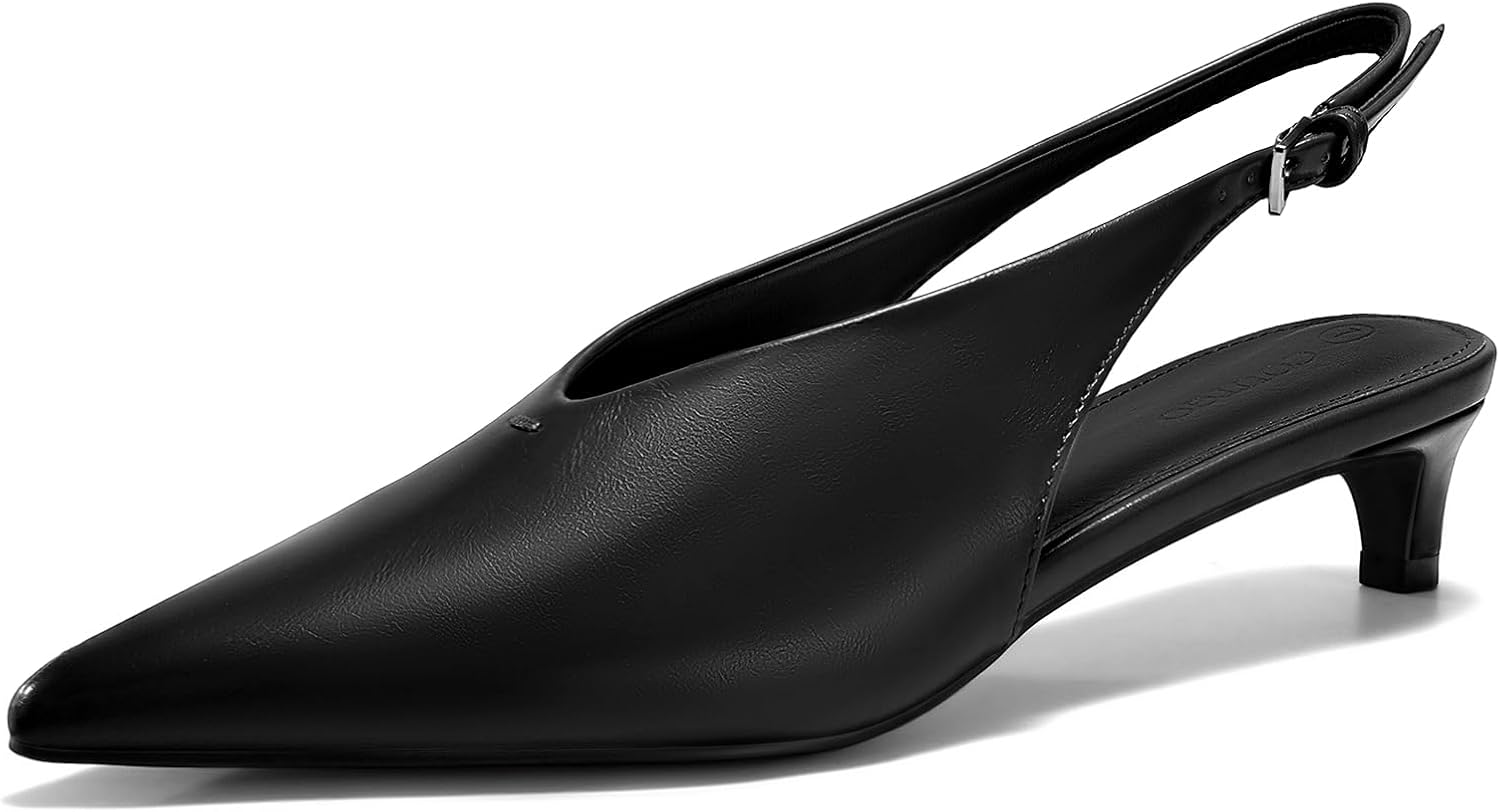 Coutgo Womens Low Kitten Heels Slingback Closed Pointed Toe V-Cut Business Work Pumps Dress Shoes