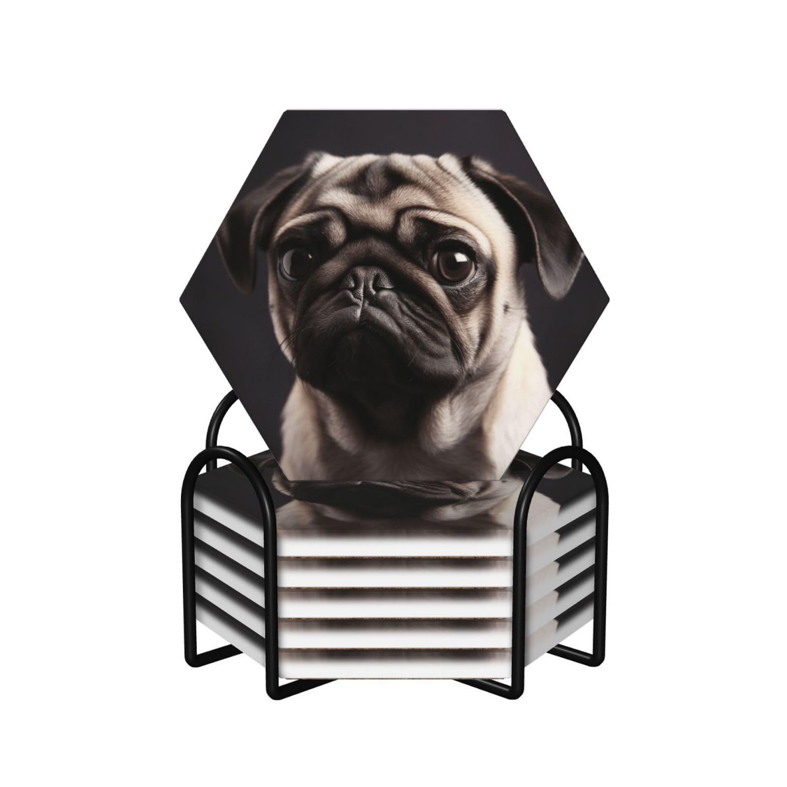6Pcs Ceramics Coaster for Drinks, Pug Cup Coasters with Holder, Aesthetic Drink Coasters for Coffee Table, Absorbent Round Coaster for Tabletop Protection 4" Cup Mat Pad