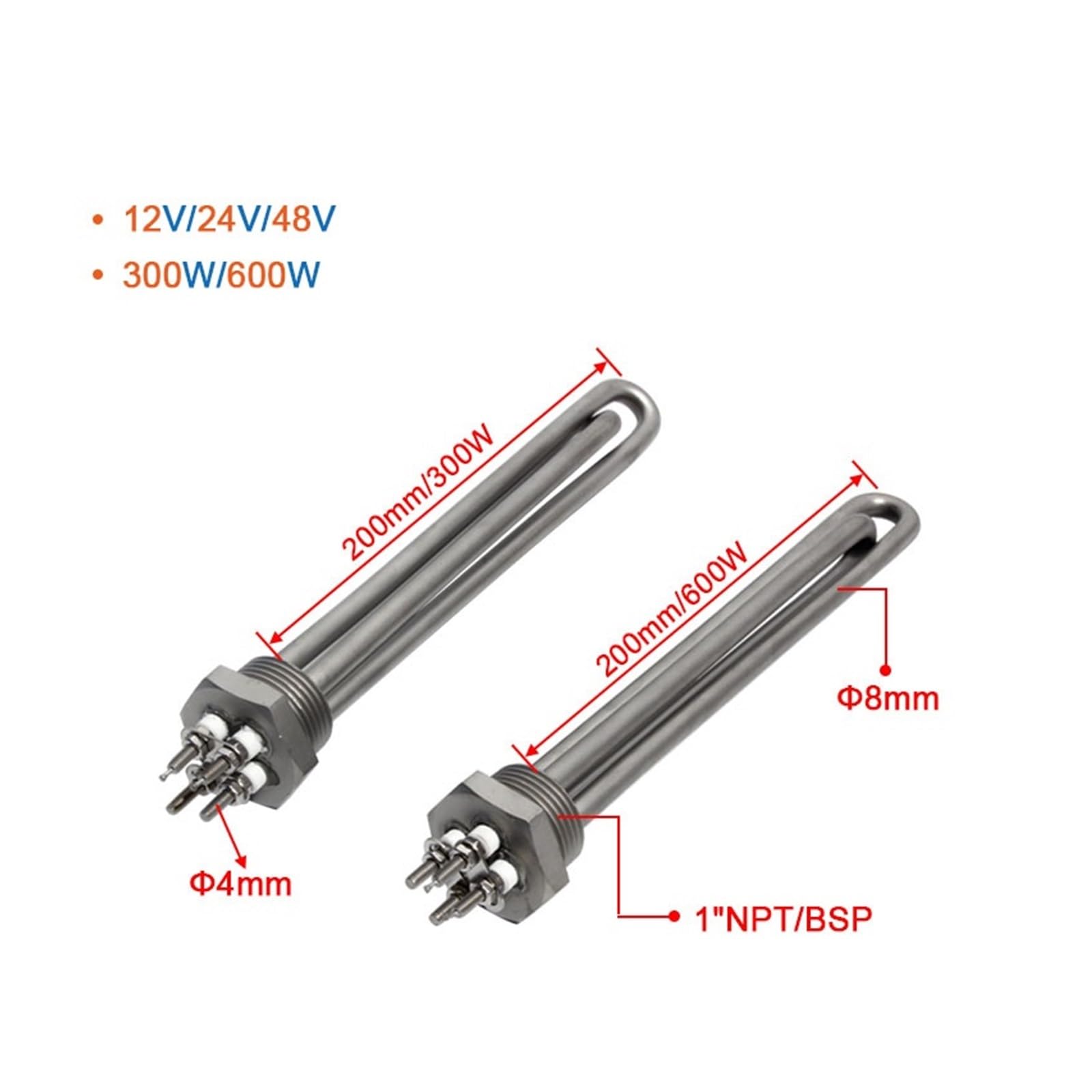 Resistencia para calentador de agua Elemento calefactor tubular Calentador de agua solar 1 pulgada NPT/BSP DC 12V/24V/48V 300W/600W 200mm(BSP,DC 48V-600W 200MM L)