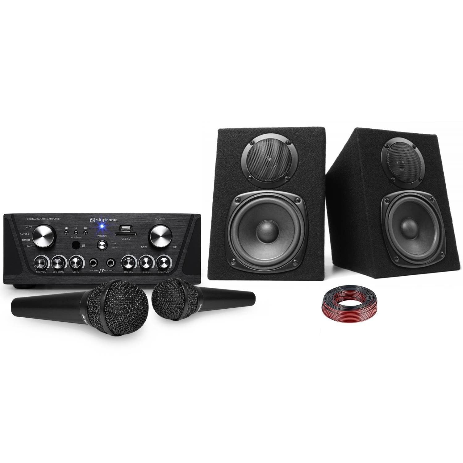 Amplificateur Skytronic karaoké USB/SD/FM 160W + Enceintes compactes 2x100W + 2 Micros