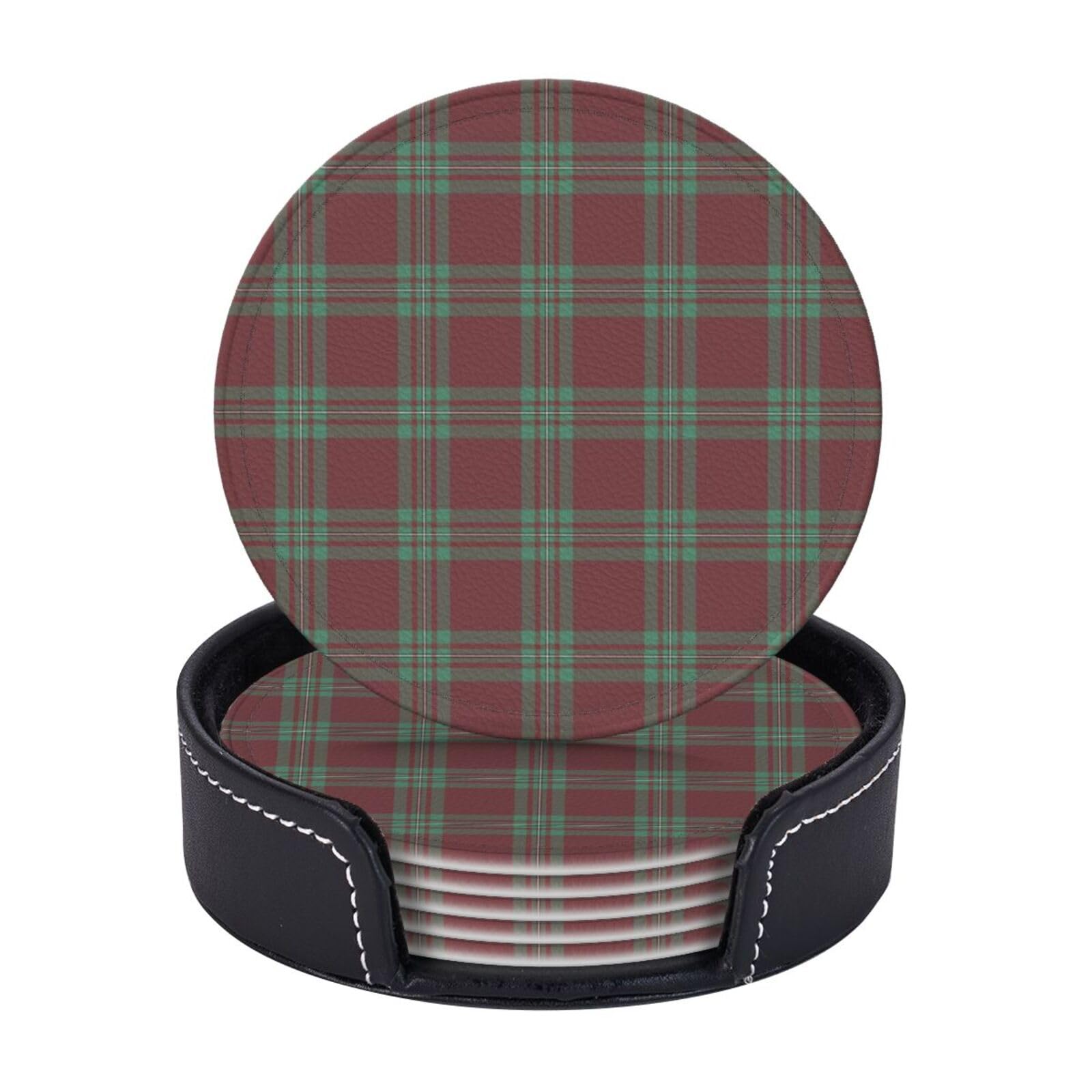 Smazdfxx As Pic 6 Pcs Pu Leather Coasters With Holder, Macgregor Hunting Ancient Tartan Drink Coaster Set Absorbent Heat Bar Table Decor