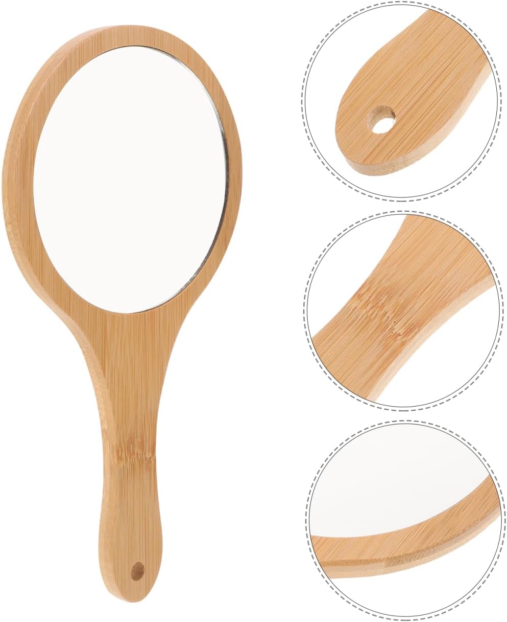 NOLITOY Wooden Hand Held Mirror Single Sided Vanity Makeup Shaving Accessory Small Portable Travel Instrument with Hole Hanging Handle Male Female Adult Personal Morning Grooming 10 Inches image 2