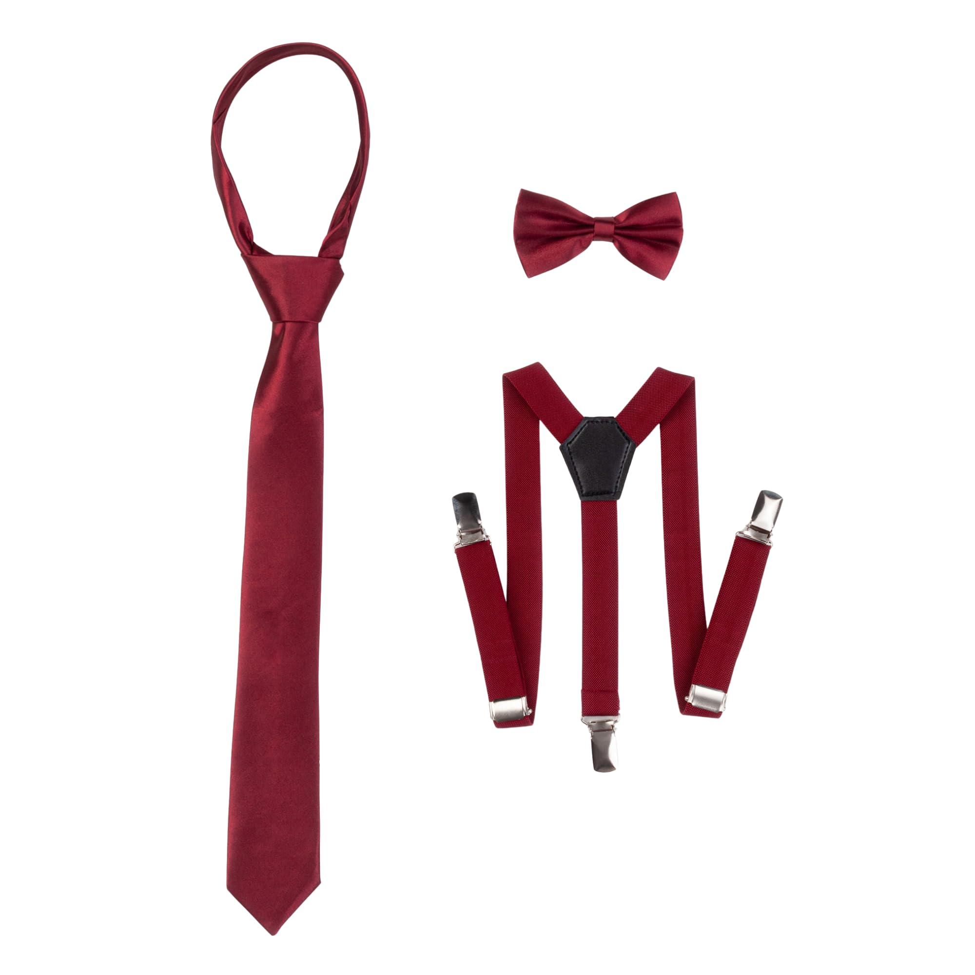 rise&Raba 3-Piece Kids Suspender, Bow Tie & Necktie Set | Adjustable Elastic Clip-On Braces, Bowtie & Tie for | Boys and Girls Ages 1–8 (Burgundy, 1-8 Year)