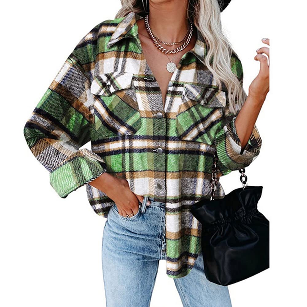 KCatsyWomens Shacket Overshirt Jacket Duffle Plaid Tweed Tartan Gingham Button Flap Pocket Shirt Coat Plus Size Outerwear