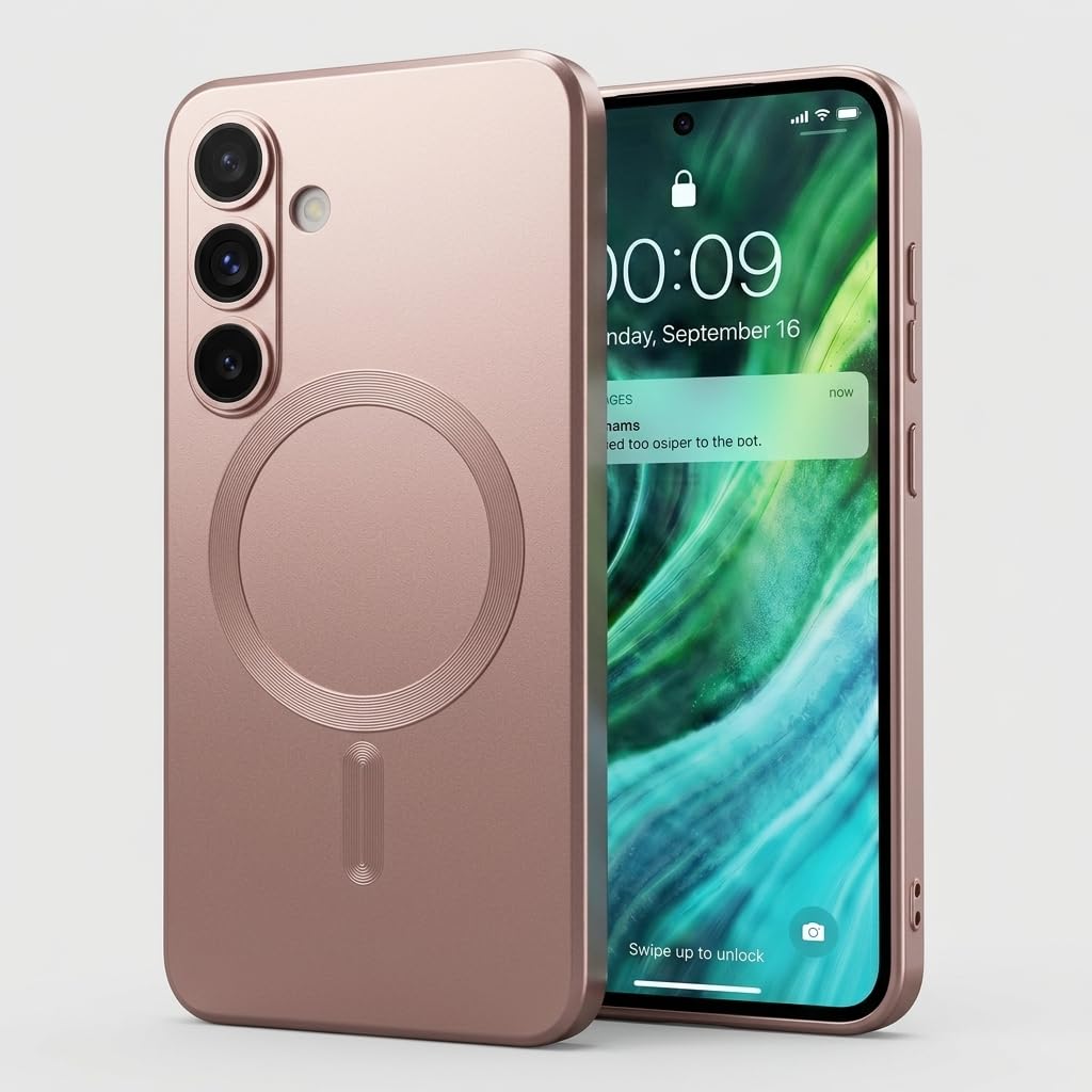 amazon basics premium mag-safe case for samsung galaxy s24 5g | shockproof & anti-scratch cover | soft silicone with wireless charging | camera lens guard - rose gold