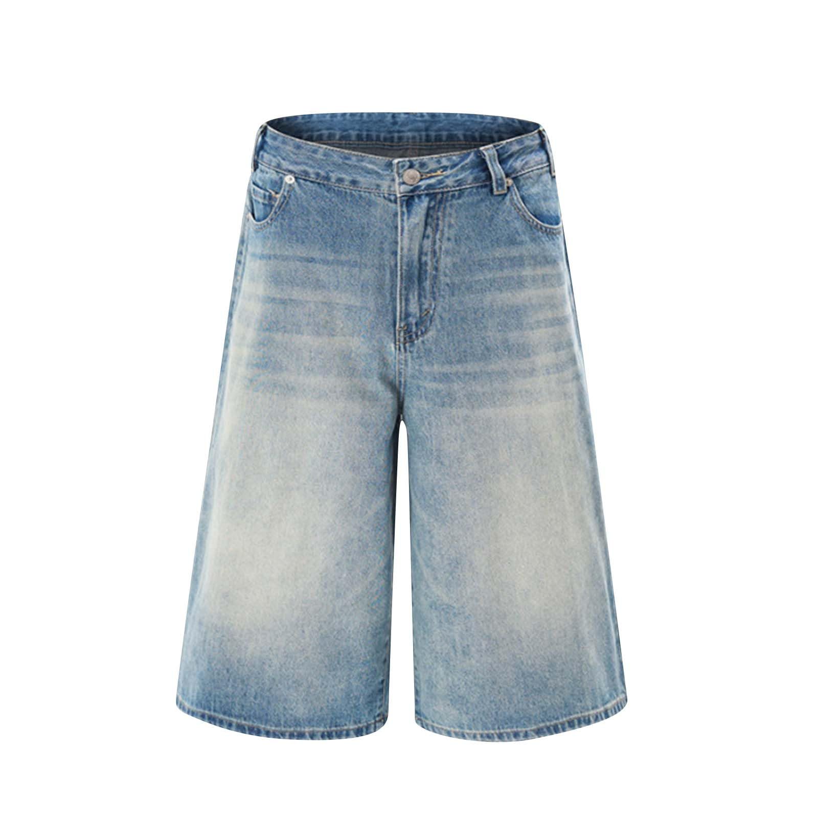 Cambkatl Knee Lenght Jean Shorts for Men Stylish Straight Wide Leg Summer Versatile Washed Casual Denim Shorts with Pockets