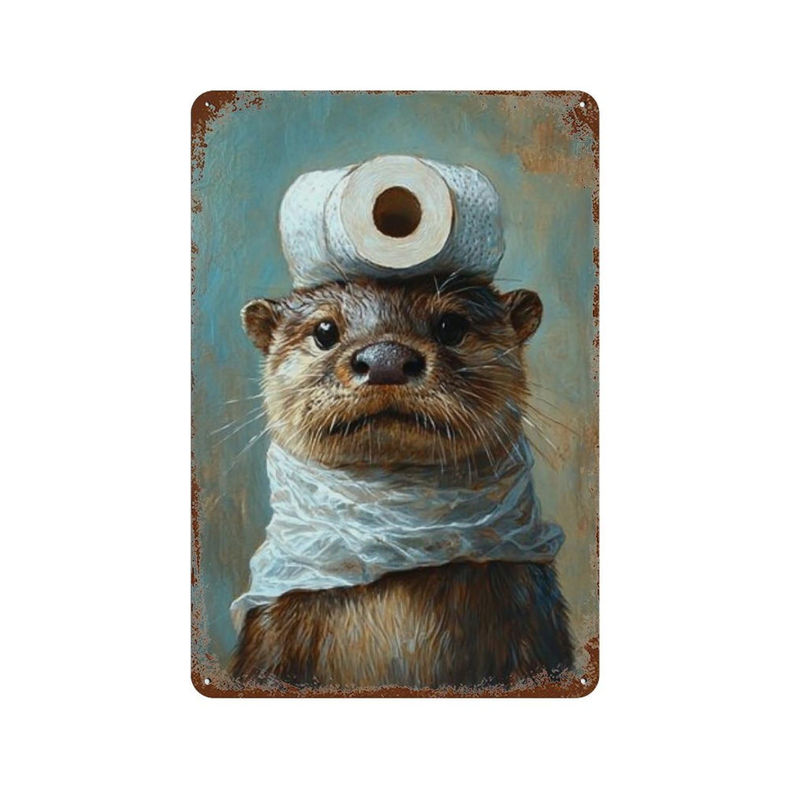 Otter with Toilet Paper Roll on Head-2 Rust Effect Tin Sign 11.8"x7.9", Farmhouse Wall Decor for Living Room, Hallway And Home Decor
