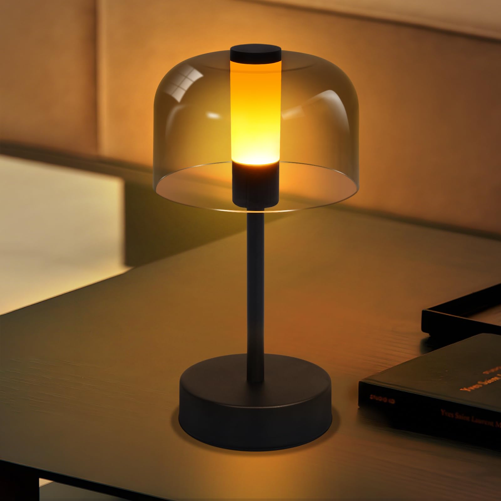 Homefire Tischlampe Akku LED Dimmbare Tischleuchte - Kabellos Nachttischlamp USB-C Aufladbar 1800K-6500K aus Metall+Acryl Schwarz Touch Lampe mit Speicherfunktion Für Innen