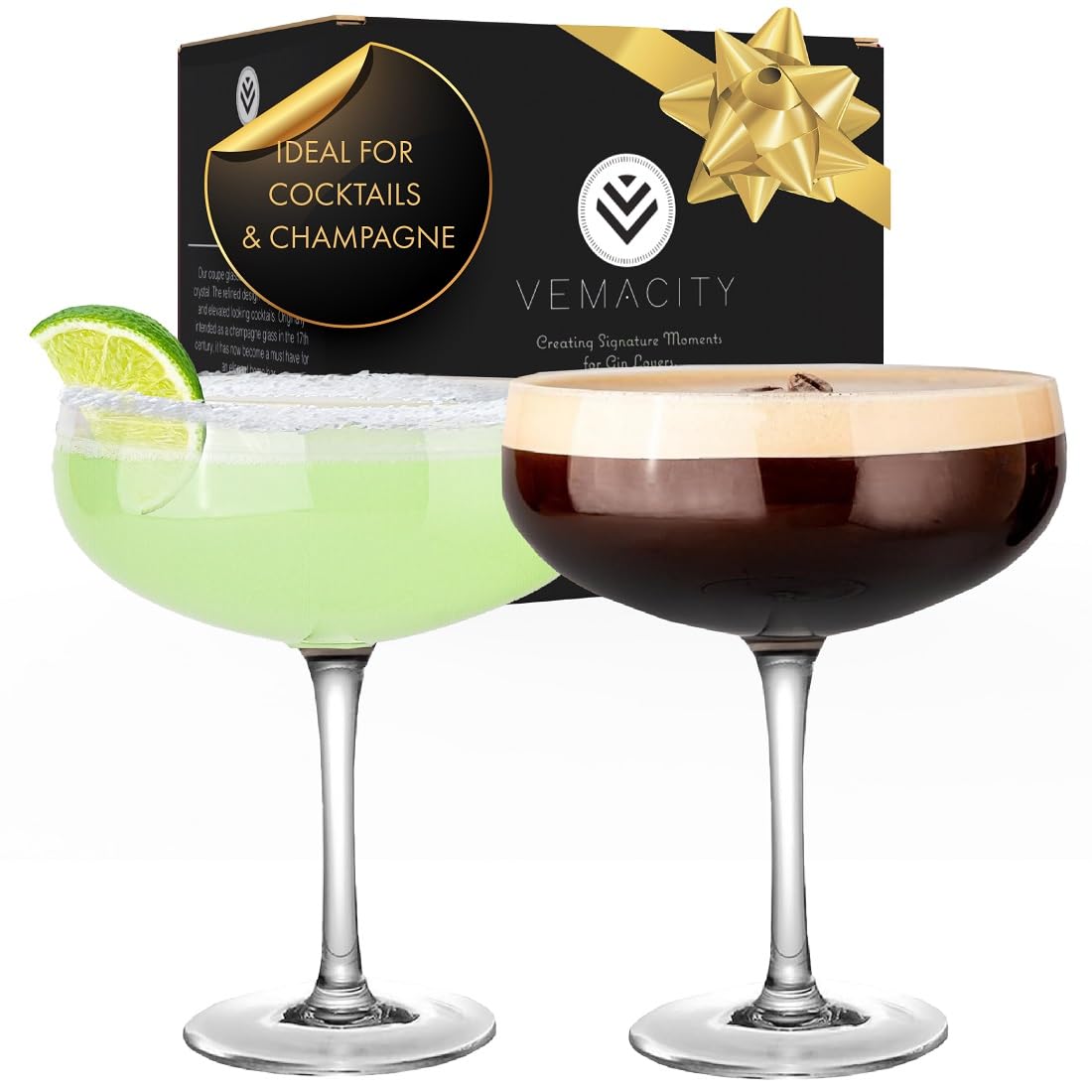 Elegant Coupe Cocktail Glasses Set of 2 | Handmade Crystal Glasses | Bar Quality Champagne Glasses/Coupe Glasses + Recipe e-Book |Large Cocktail Glass | Espresso Martini Glasses | Mocktail Glasses