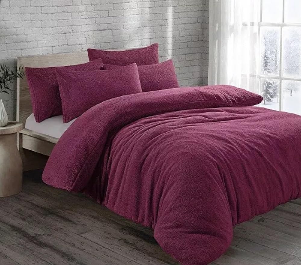 VL Teddy Fleece Duvet Cover Set Thermal Warm & Fluffy Soft Bedding with Pillow Cases or Fitted Sheet Cozy and Dependable Winter Relaxation (Plum, Super King (Duvet Cover Set))