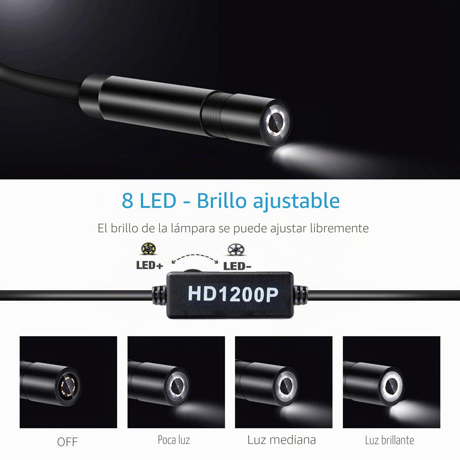Lychee WiFi Endoscopio Wireless Cámara de Inspección, Impermeable IP68,8 LED de Brillo Ajustable,2.0 Megapíxeles Full HD 1200P Cámara para Android y iOS / (10M)