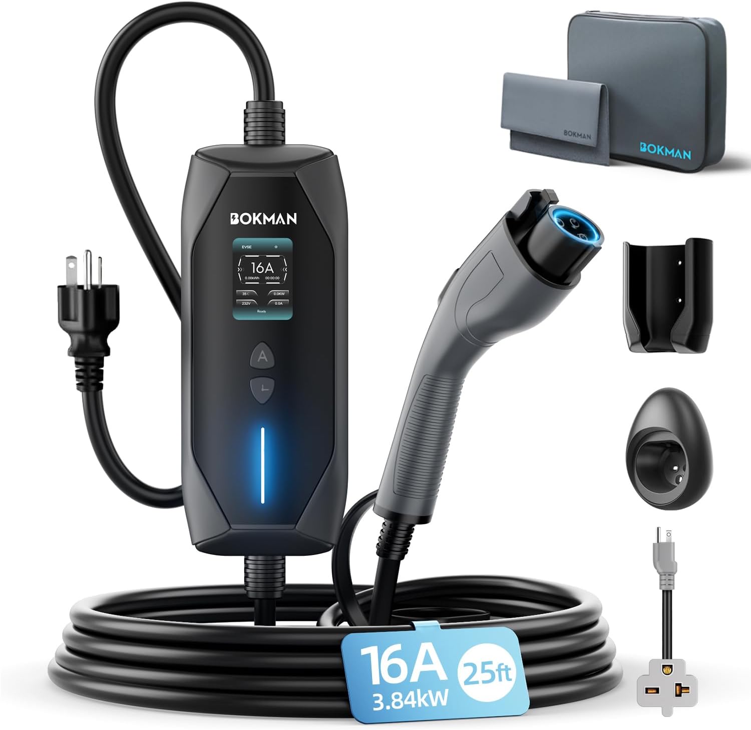 bokman Portable Level 2 & Level 1 EV Charger (240V, 16A), 25ft Cable and NEMA 6-20 Plug and NEMA 5-15 Adapter for Household Socket, Current Adjustable 6-16Amp (J1772 Connector)