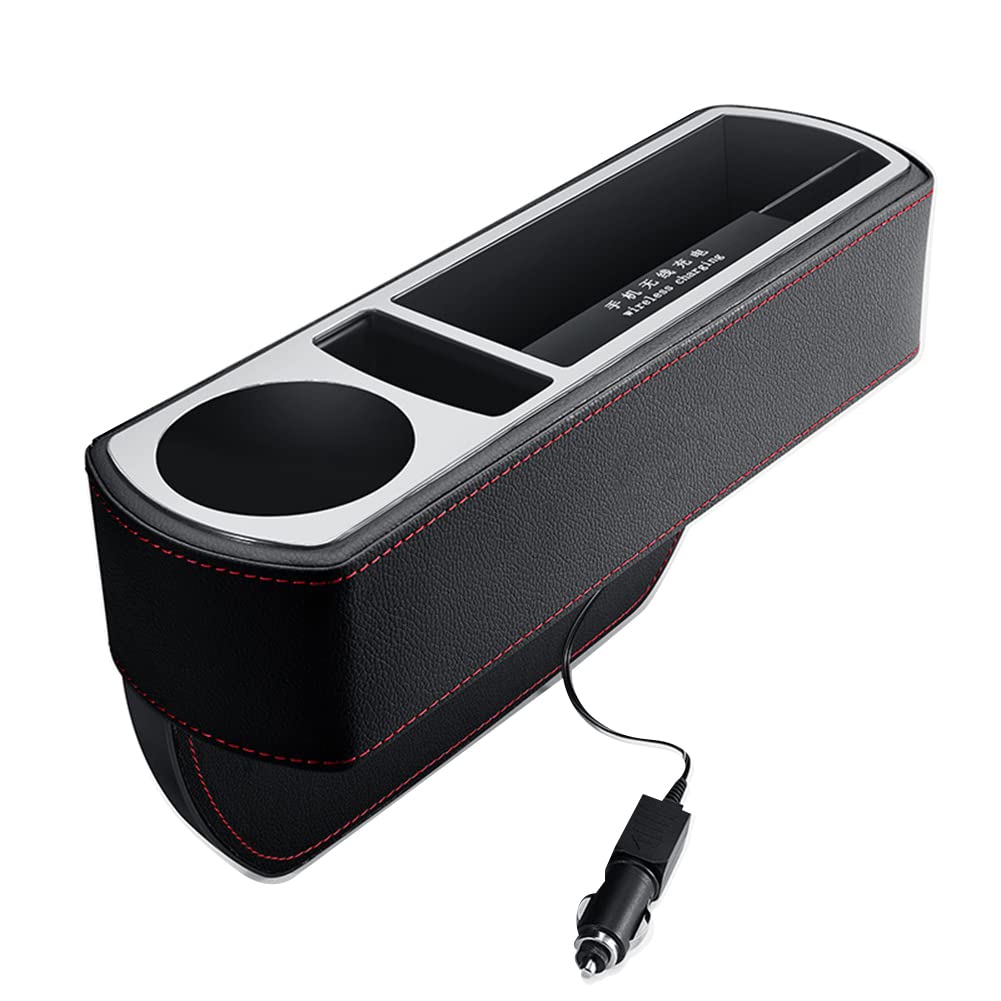 ihreesy Car Seat Gap Filler Organizer,Universal Front Seat Console Side Pocket Organizer PU Leather Car Storage Box with Cup Holder for Phones Keys Coin Wallets,Wireless Charging Style,Black