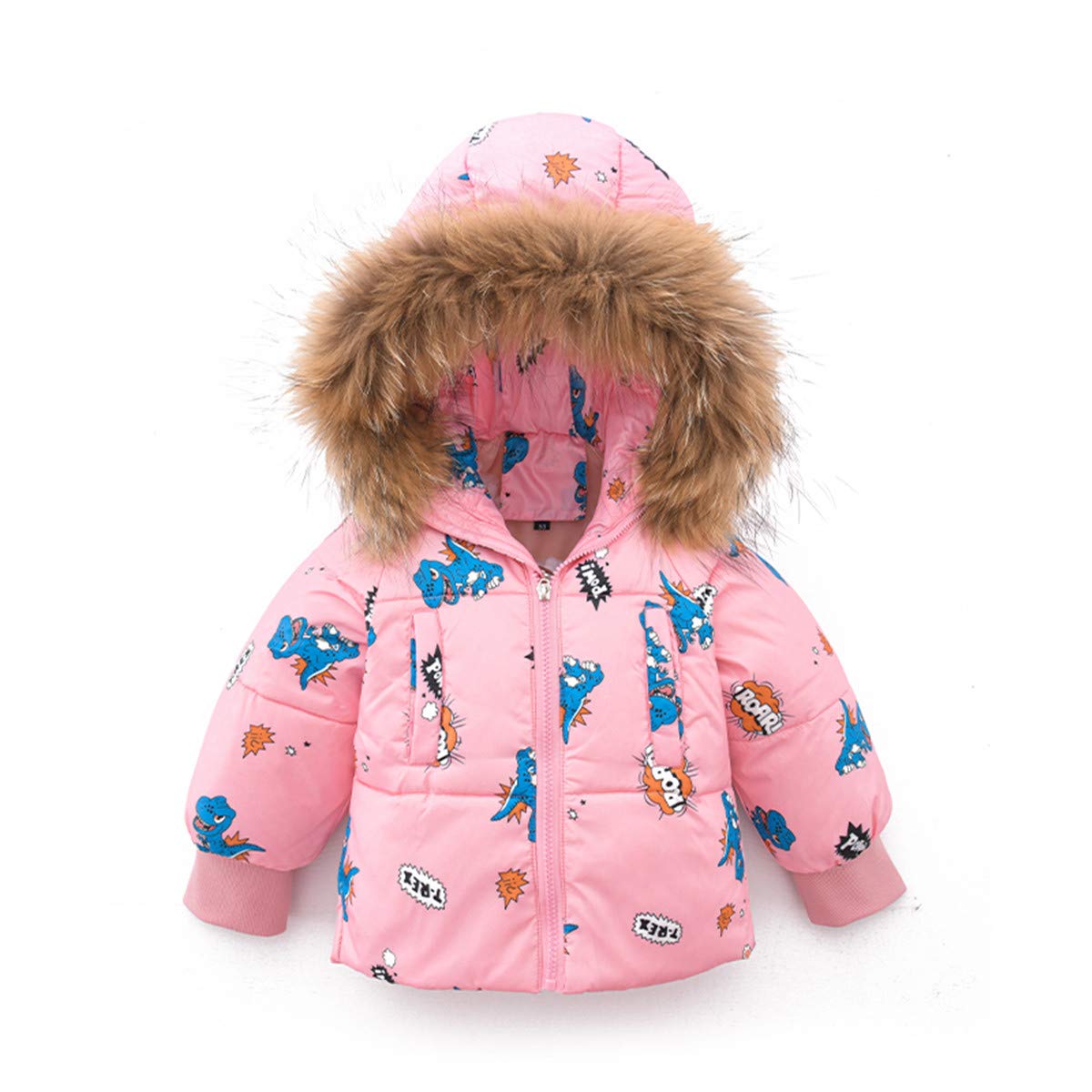 JELEUON Baby Girls Two Piece Winter Warm Fur Trim Hooded Cute Dinosaur Puffer Down Jacket with Ski Bib Pants Snowsuit (1-2 Years, Pink)