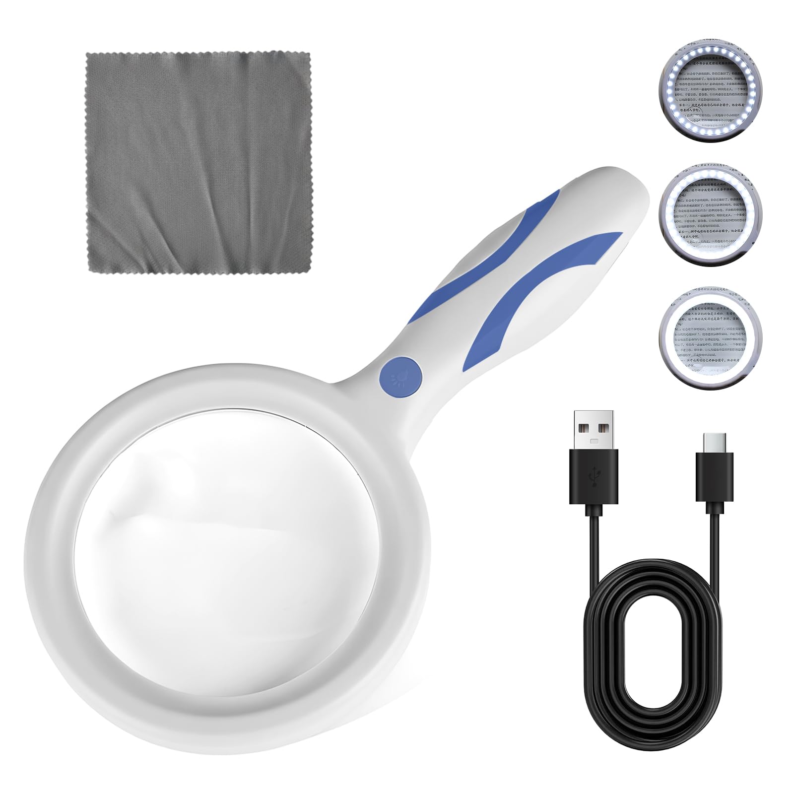 Large Magnifying Glass with 33 LED Light, LED Magnifying Glass Lens, 2X 13X Handheld Illuminated Lighted Magnifier for Seniors Reading, Inspection, Coins, Exploring Close Work (White & Blue)