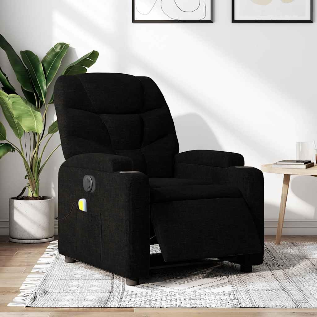 Massagesessel Elektrisch Schwarz Stoff Relaxsessel mit Liegefunktion, 6-Punkt Vibrationsmassage, Getränkehalter, Seitentasche, Stabiler Holz-Metall-Rahmen, Komfort für Wohnzimmer und Büro
