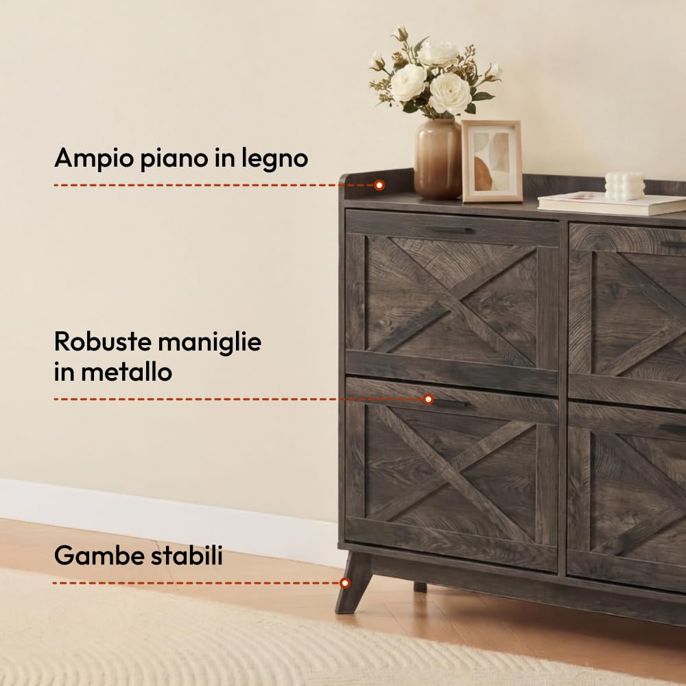 CASABEL Scarpiera 4 Ribalte, Frontali con motivo a croce, Legno Scuro, Design Funzionale, Grande Capacità 24 Paia, Mobile Pratico per Corridoio, Ingresso o Soggiorno, 114x24x96 cm