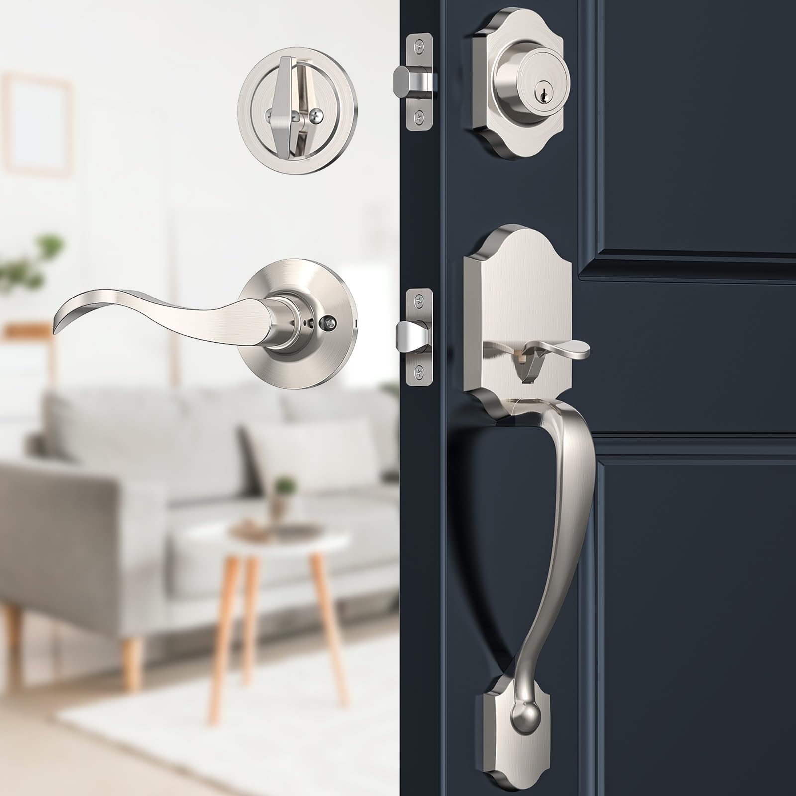 Brightify Front Door Handle, Front Door Lock Set, Front Door Handleset with Door Lever, Single Cylinder Reversible Door Lock Set with Handle Lever, Adjustable Deadbolt Door Entry Handles, Satin Nickel