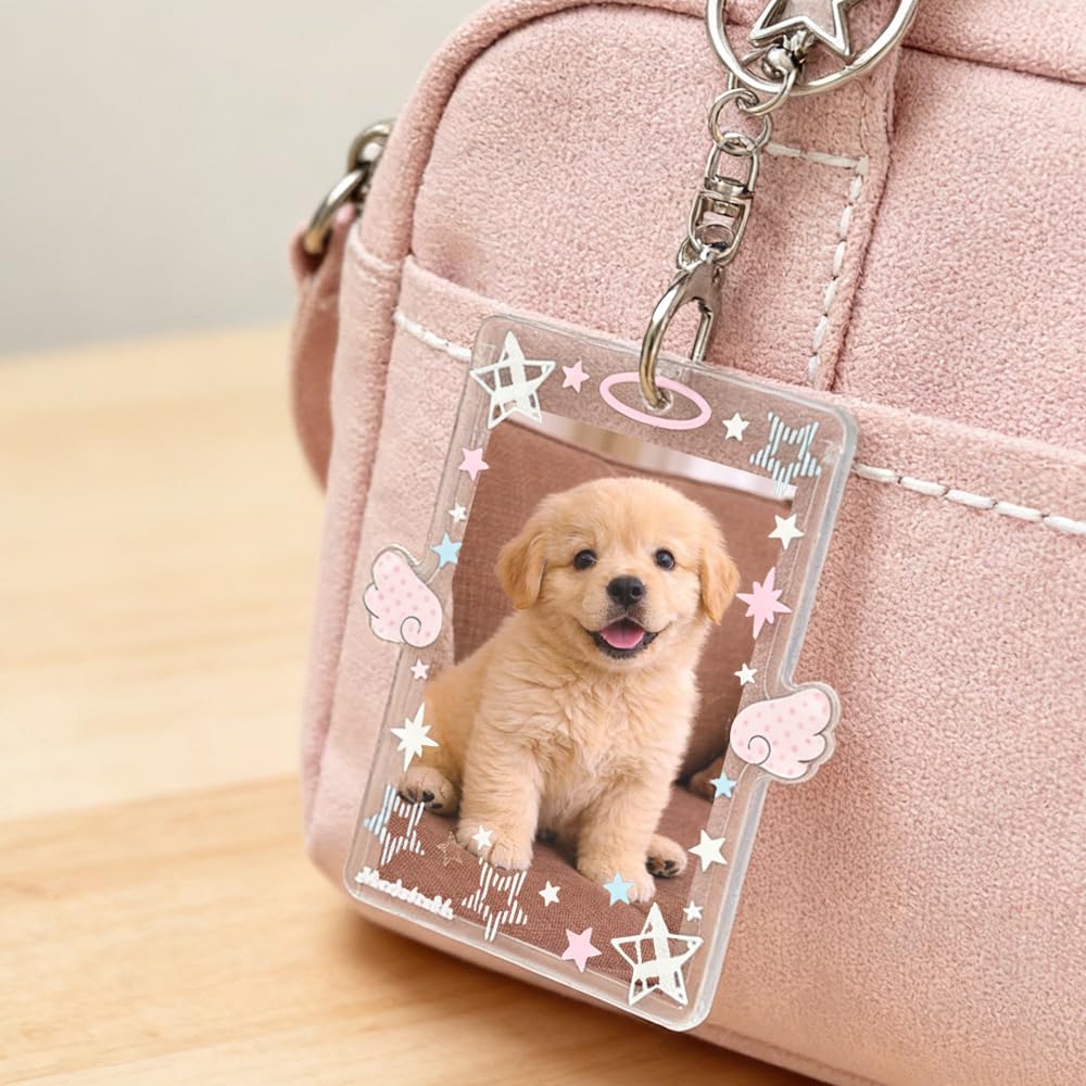 2 llaveros para tarjetas fotográficas de estrella blanca y rosa, bonito soporte para tarjetas de fotos de 3 pulgadas para mujer, soportes verticales para tarjetas de fotos, llavero de plástico