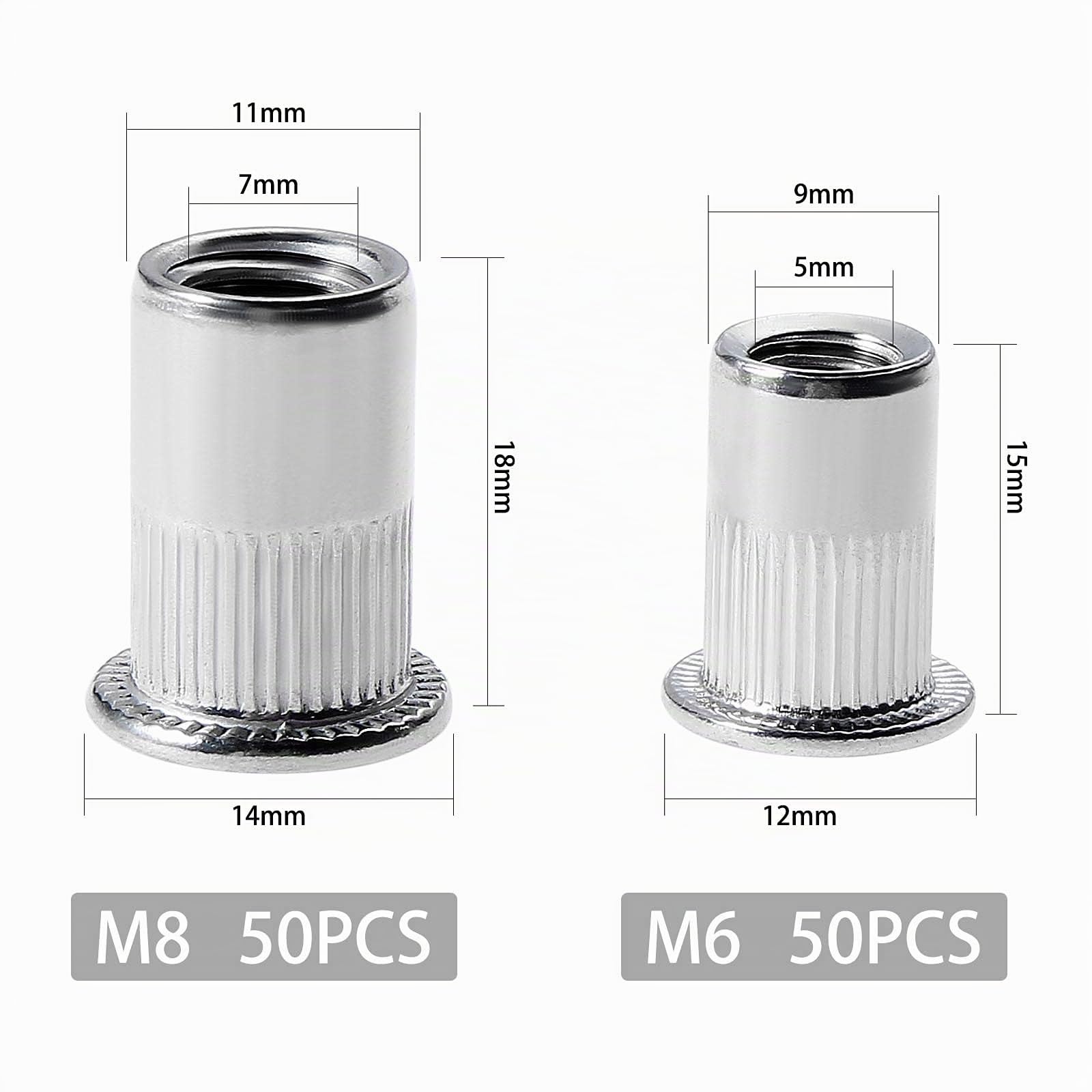 Gueenky 100 tuercas de remache M6 M8 de acero inoxidable, tuercas de remache M8 M6 de acero inoxidable, tuercas de remachado, tuercas de remache ciego, tuercas de remache para metal y plástico, 50