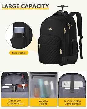 MATEIN 17 inch Water Resistant Wheeled Laptop Backpack, Rolling Backpack for Women, Large Carry On Luggage Travel Backpack with Wheels