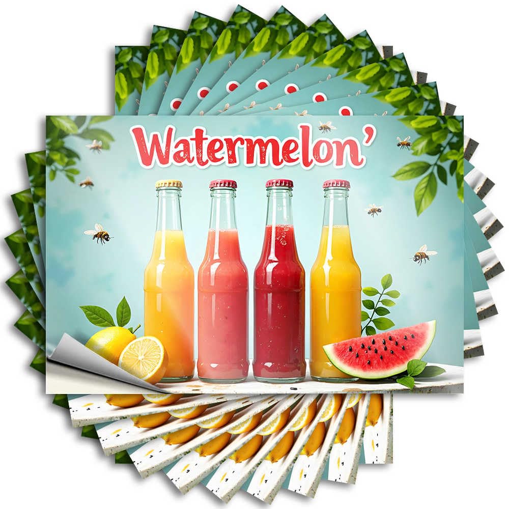 Tattoos Work Peel and Stick - Fresh Watermelon Juice Bottles with Summer Fruits and Bees Helmet Custom Waterproof Vinyl for Western(12X18CM)