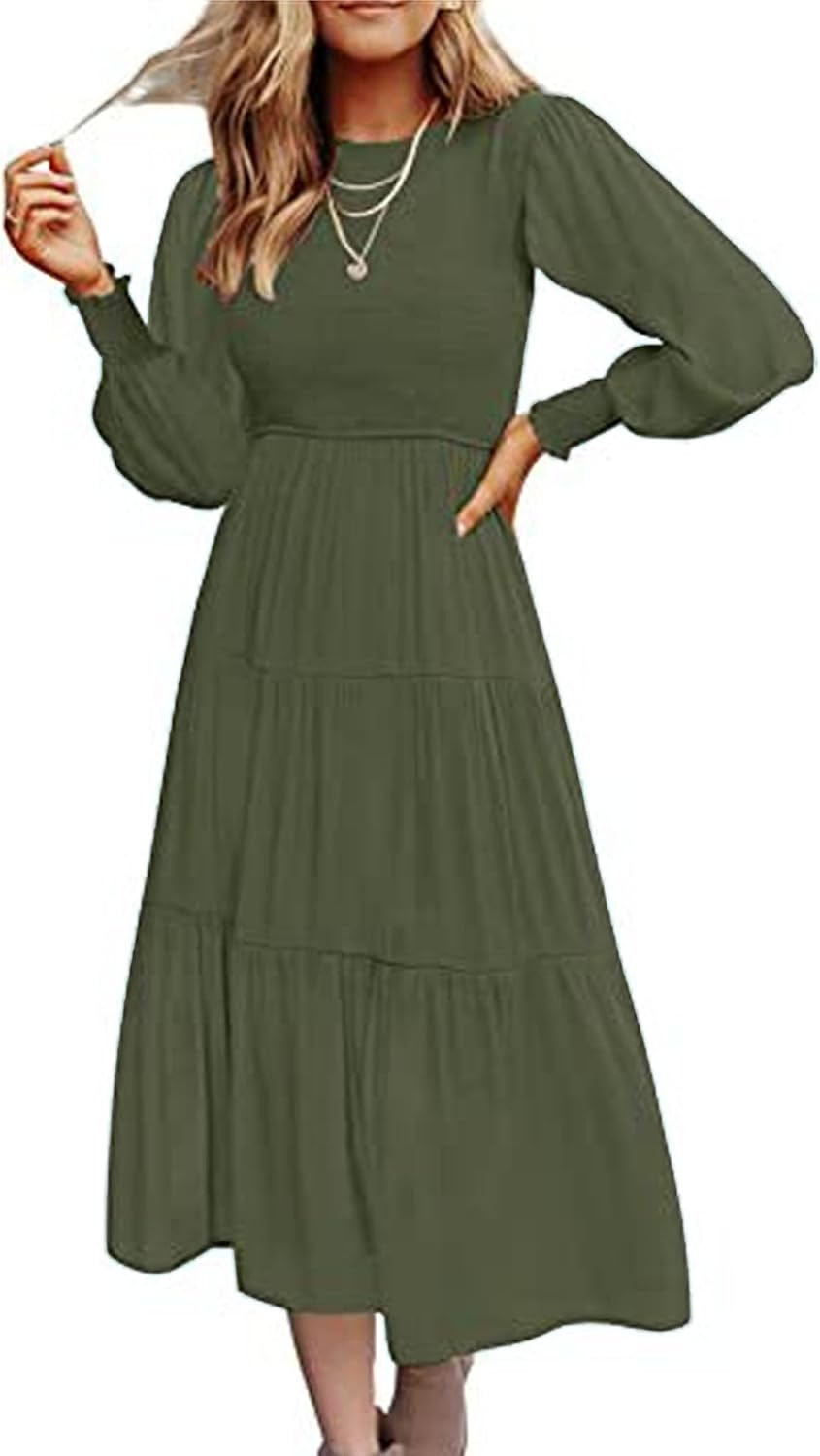 Women's High Waist Puff Long Sleeve Dress Loose Empire Waist Swing Pleated Dresses Ruffle Shirred Flowy Mini Dress