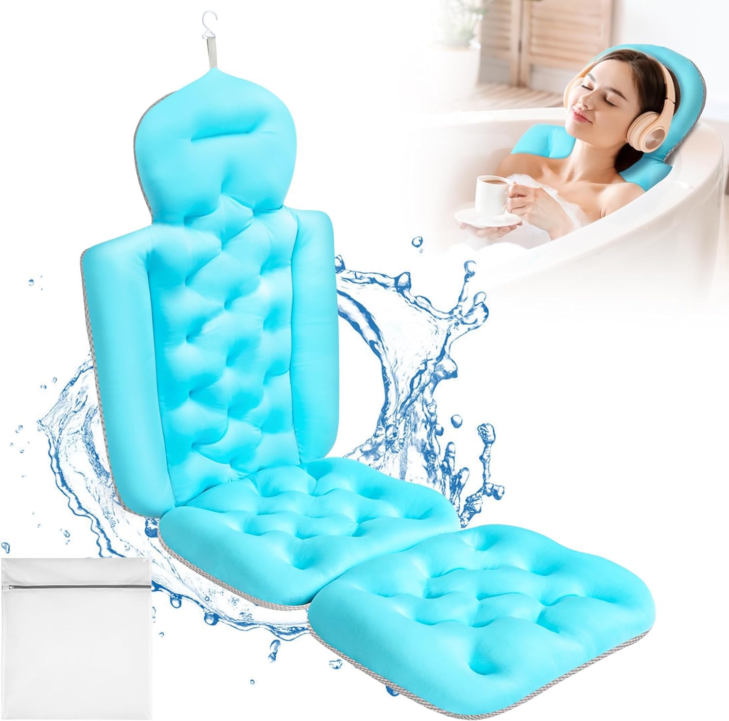 Homodoskey Full Body Bath Pillow for Bathtub, Luxury Tub Pillow Thick Bathtub Cushion with Laundry Bag, Cushion for Bathtub Headrest Neck Back Support, Comfort Relaxation Spa Accessories