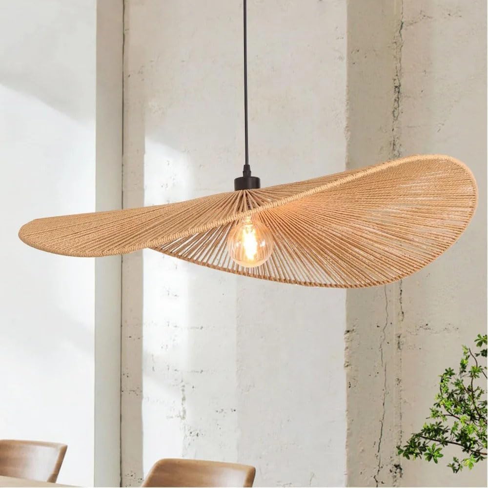 XQIDIANAA Boho Wicker Pendant Light, Small Woven Paper Rope Hanging Light Fixture, Height Adjustable Cord, E26 Socket, Farmhouse Rustic Ceiling Pendant for Kitchen Island Bedroom Hallway