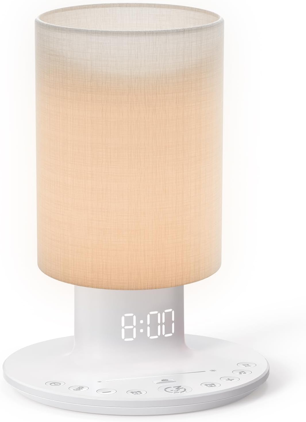 Davanti view of the REACHER Sunrise Lamp with digital clock display and control buttons on the base.