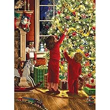 Bits and Pieces Large 300 Piece Jigsaw Puzzle for Adults Embellished Glitter - Children Decorating The Christmas Tree by Artist Liz Goodrick Dillon, Completed Puzzle Size 20" x 27"
