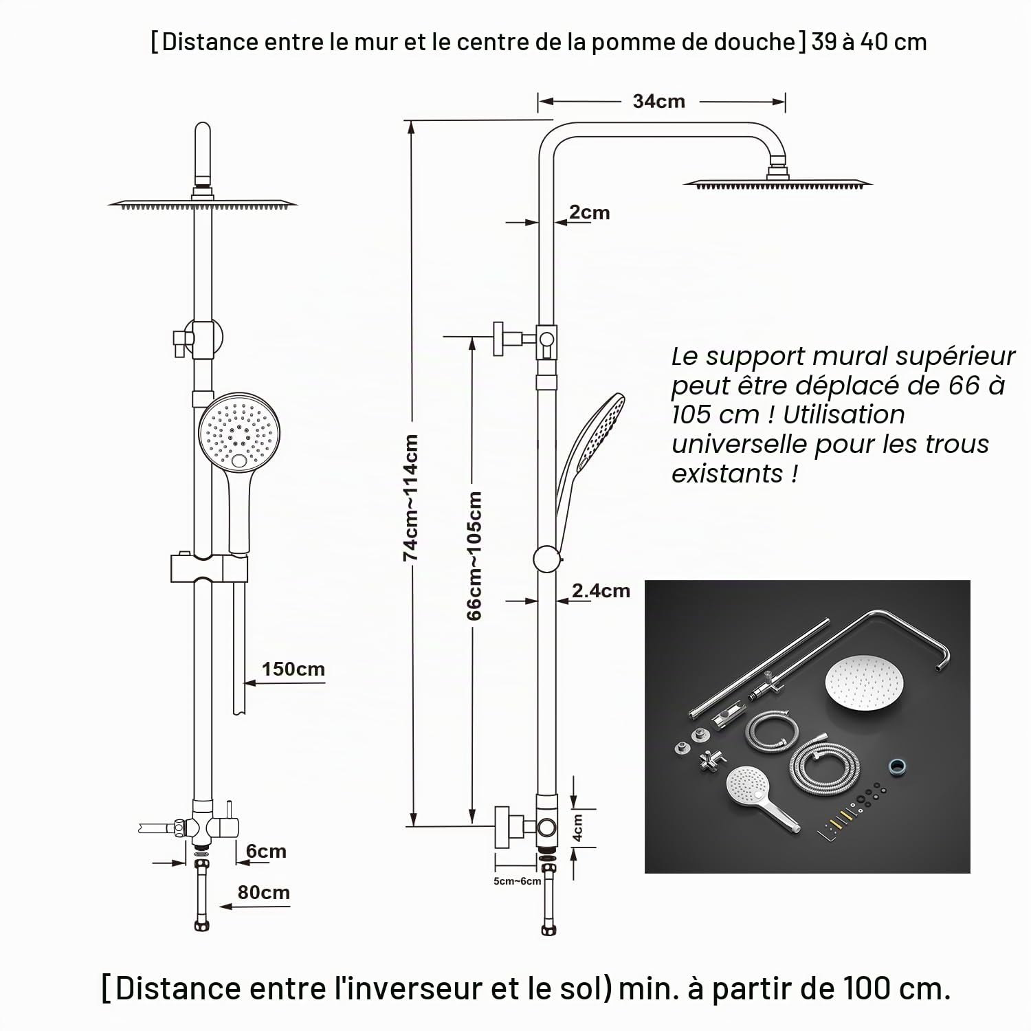 JOHO Colonne de douche Inox sans Robinetterie Thermostatique, SystèmePluie pour Cabine Baignoire avec Barre Réglable Hauteur et Tête de Douche 20 cm Chromé
