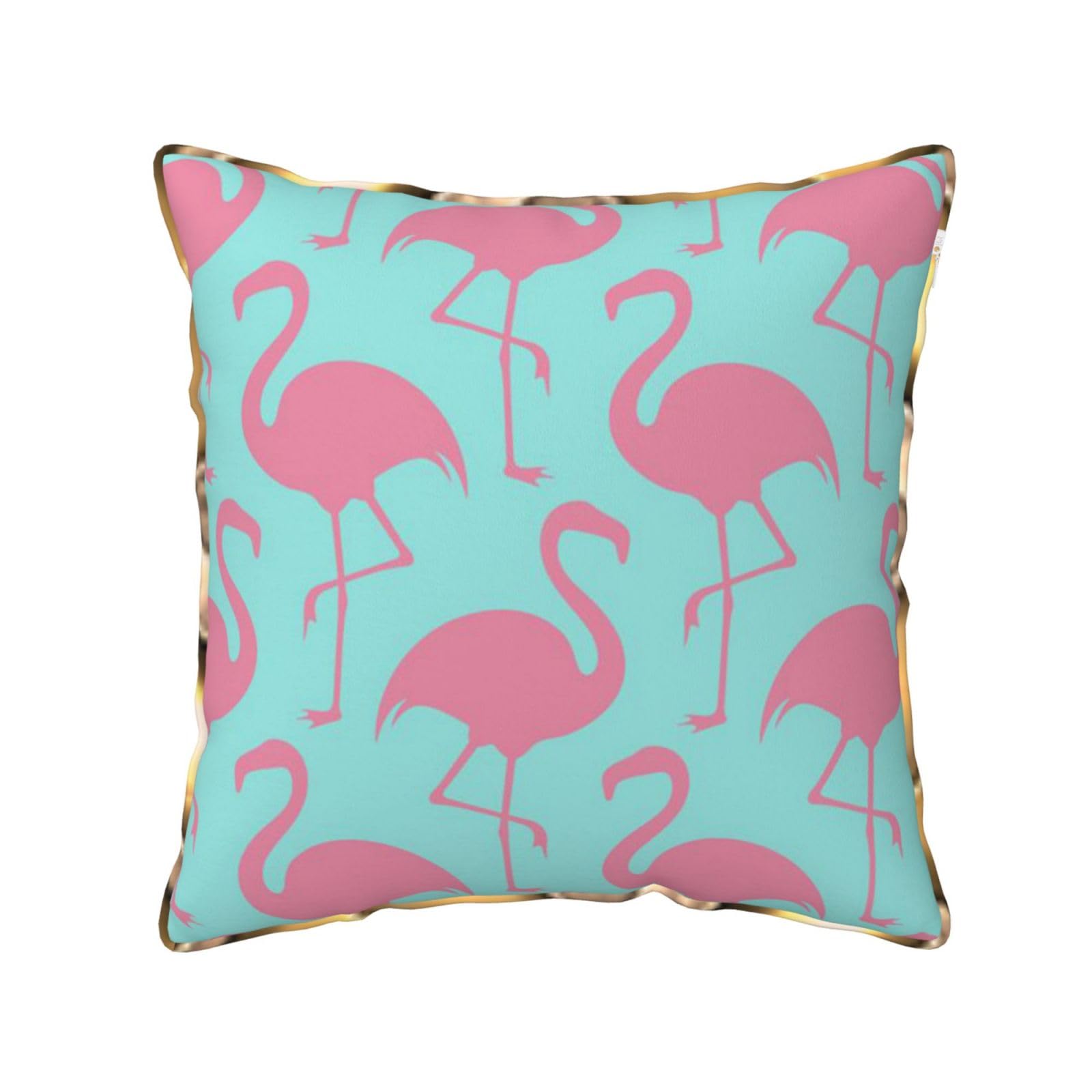 AUBKFELD Pink Flamingo Printed Velvet Cushion Cover 50x50 CM with Gold Edging Strip, Square Pillowcase Soft Throw Pillow Covers Case Decorative for Living Room Sofa Couch Bed Bench