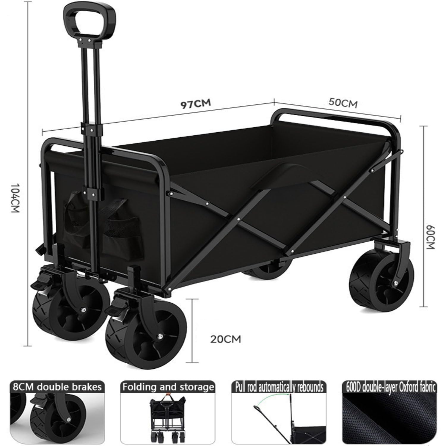 300L Carrello da Spiaggia Pieghevole con Ruote per Tutti i Terreni Extra Larghe e Freno Carrello Portatutto Resistente Caricabile fino a 225KG Manico Regolabile Portellone per Giardino Campeggio