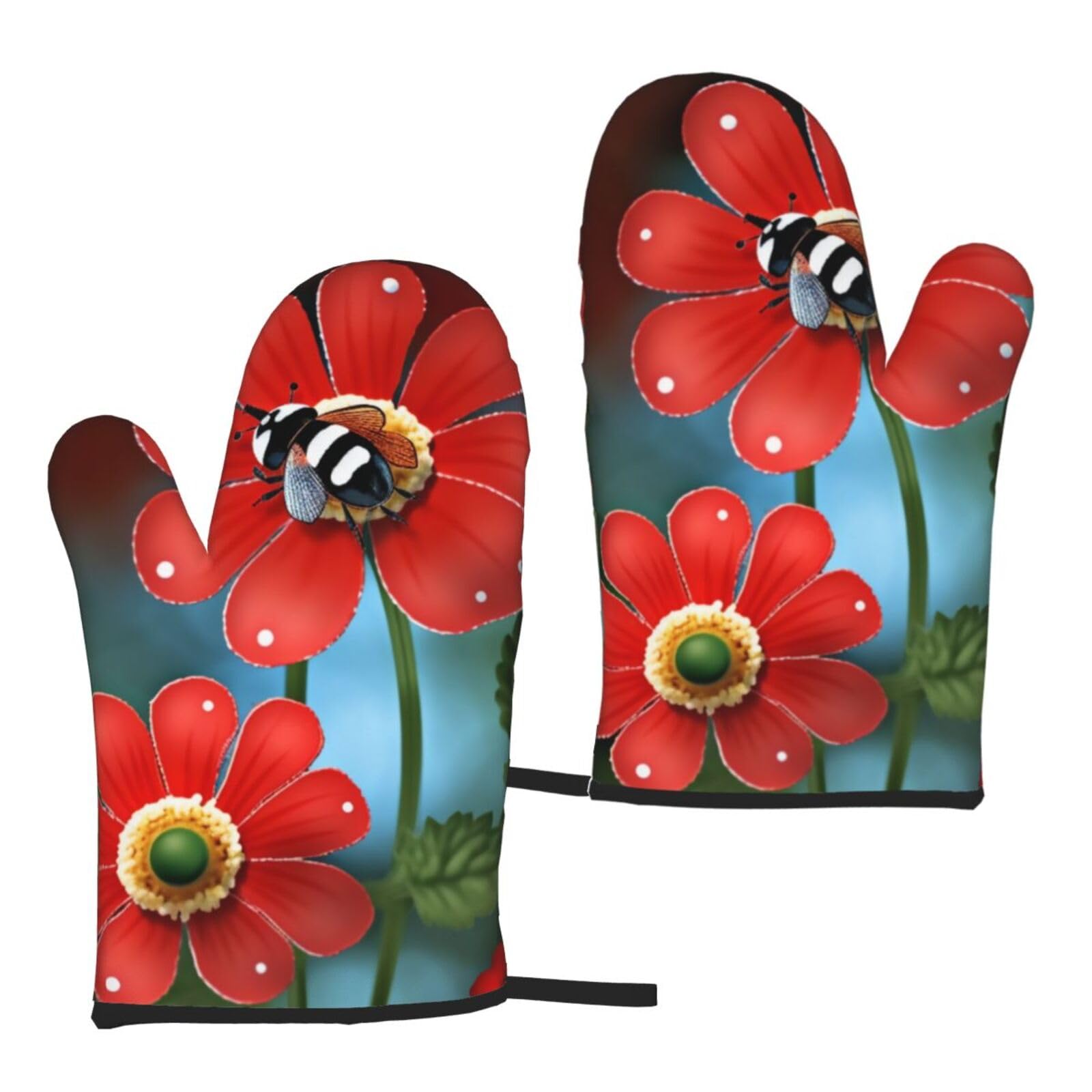 Ladybug Flower Printed Oven Mitts Sets 2 PCS Heat Resistant and Non-Slip Glove Potholder for Kitchen Cooking Baking Grilling